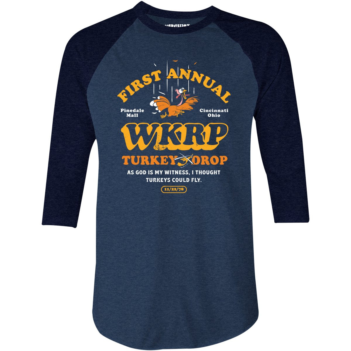 WKRP Turkey Drop - 3/4 Sleeve Raglan T-Shirt – m00nshot