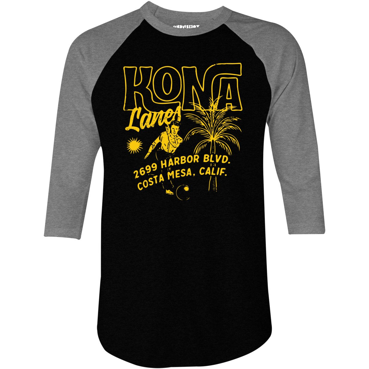 Kona Lanes v3 - Costa Mesa, CA - Vintage Bowling Alley - 3/4 Sleeve Raglan T-Shirt