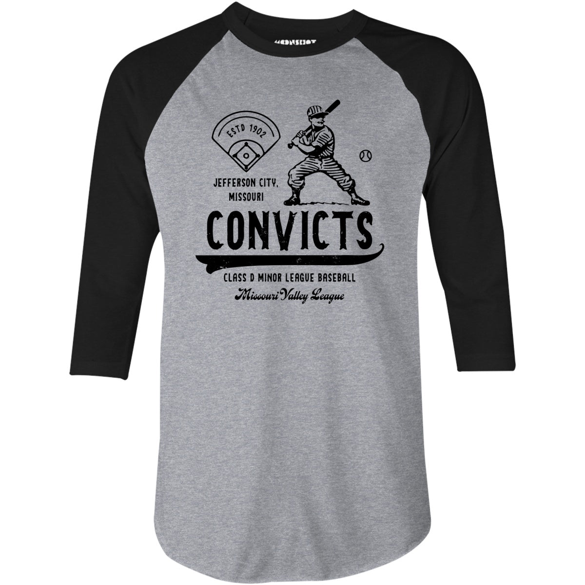 Jefferson City Convicts - Missouri - Vintage Defunct Baseball Teams - 3/4 Sleeve Raglan T-Shirt