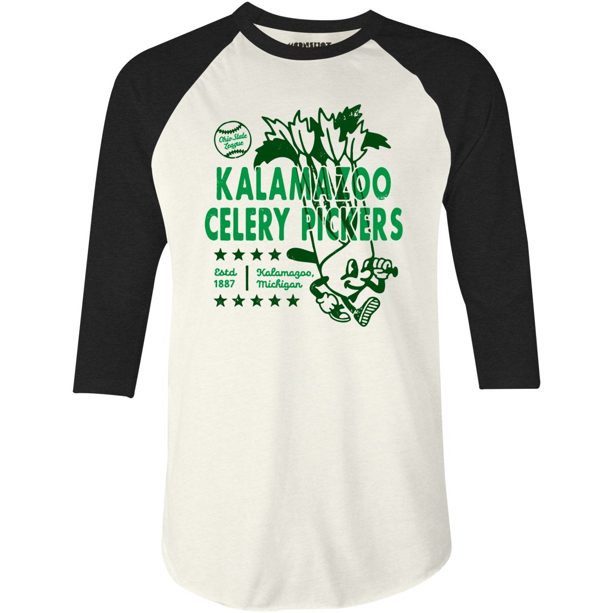 Kalamazoo Celery Pickers - Michigan - Vintage Defunct Baseball Teams - 3/4 Sleeve Raglan T-Shirt