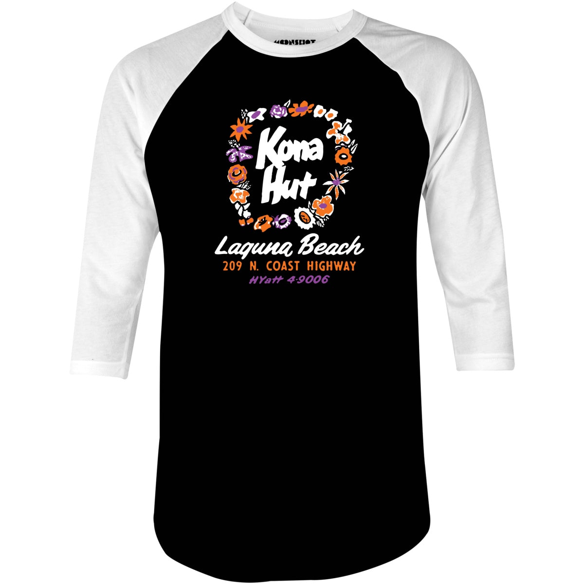 Kona Hut - Laguna Beach, CA - Vintage Tiki Bar - 3/4 Sleeve Raglan T-Shirt