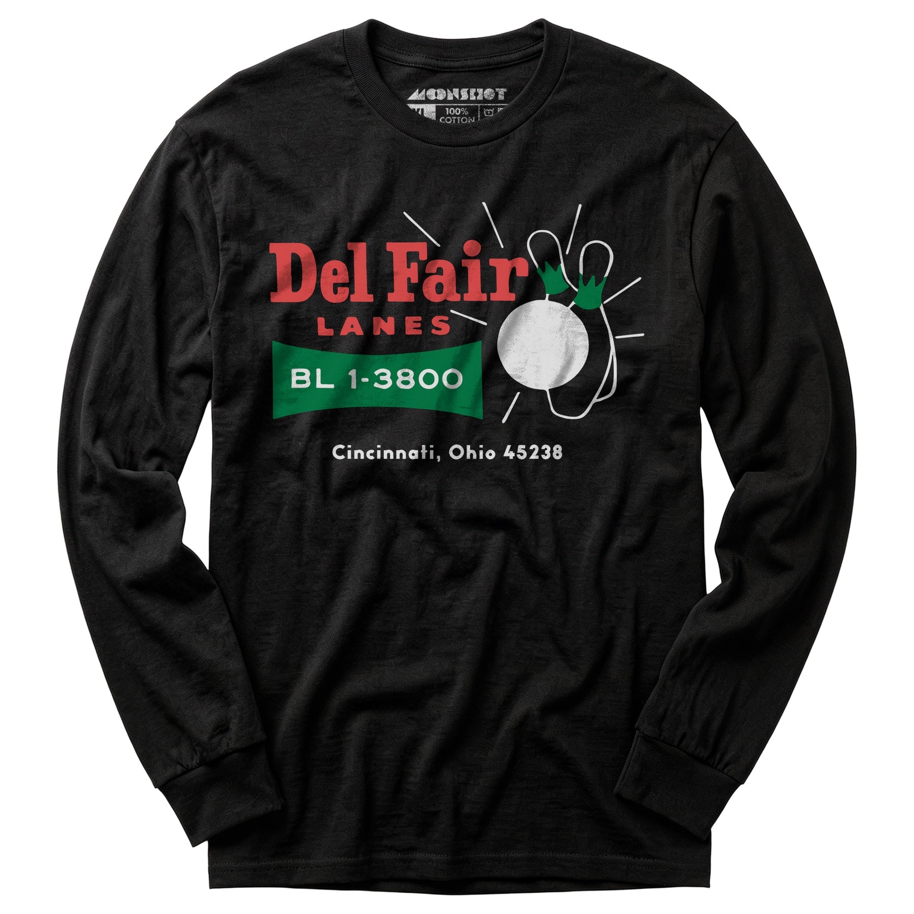 Del Fair Lanes v2 - Cincinnati, OH - Vintage Bowling Alley - Long Sleeve T-Shirt