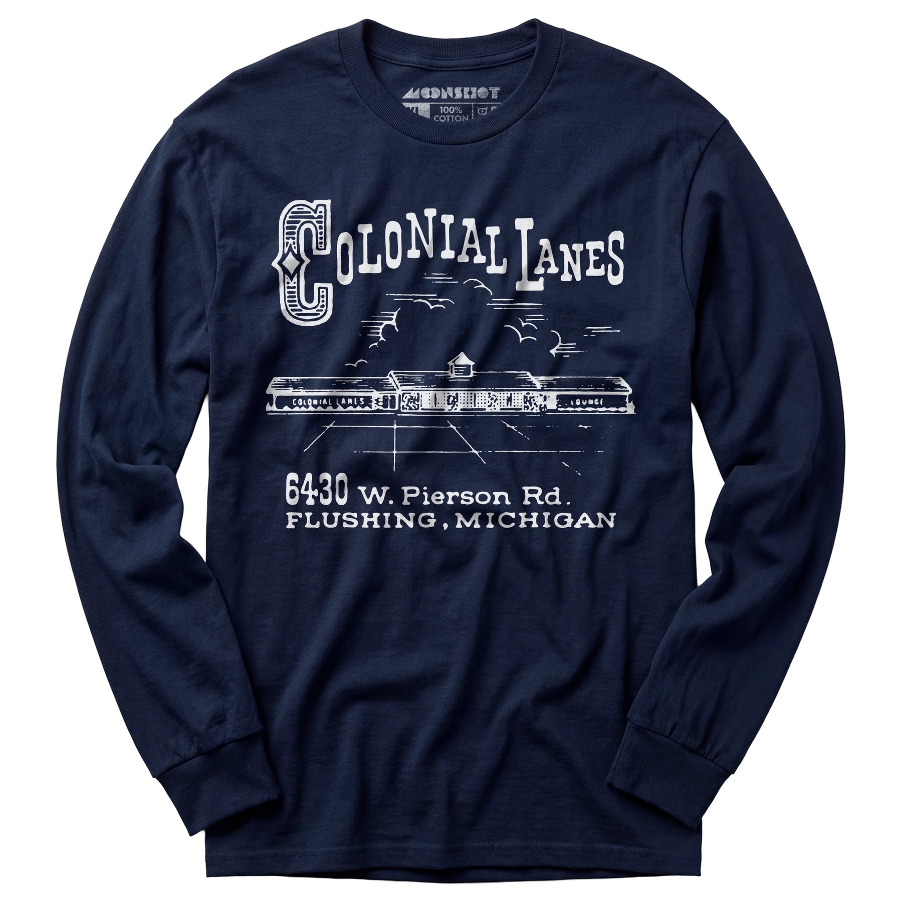 Colonial Lanes - Flushing, MI - Vintage Bowling Alley - Long Sleeve T-Shirt
