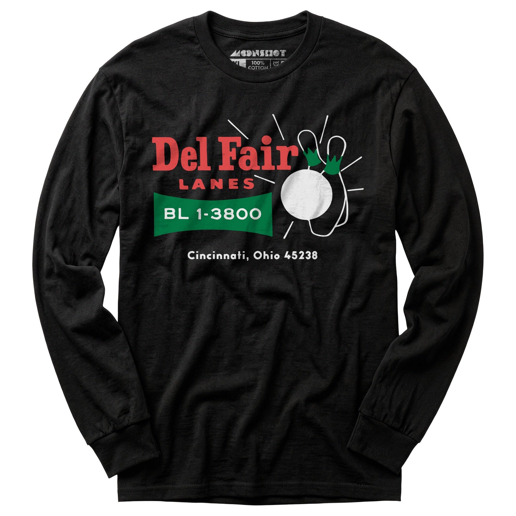 Del Fair Lanes v2 - Cincinnati, OH - Vintage Bowling Alley - Long Sleeve T-Shirt
