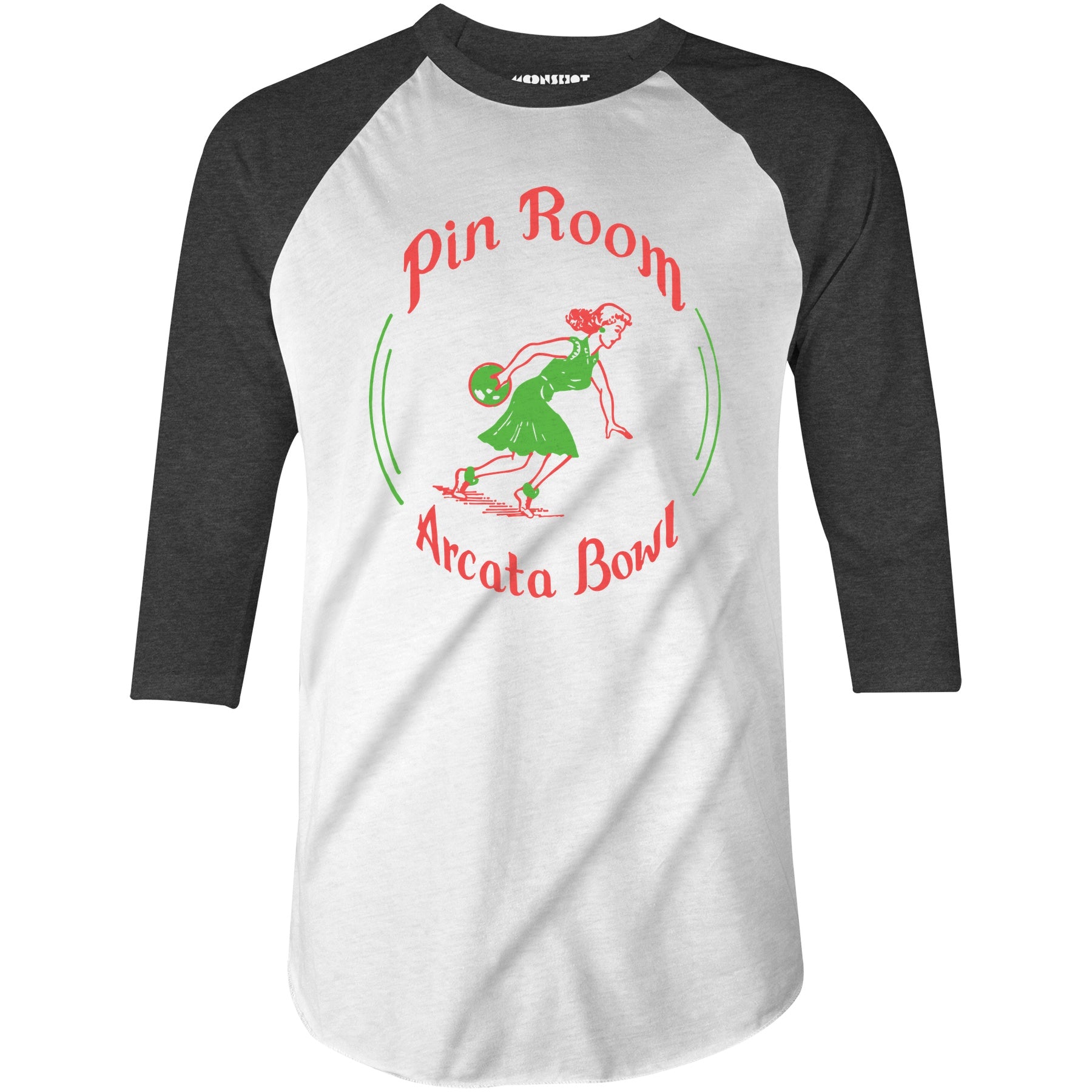 Arcata Bowl Pin Room - Arcata, CA - Vintage Bowling Alley - 3/4 Sleeve Raglan T-Shirt