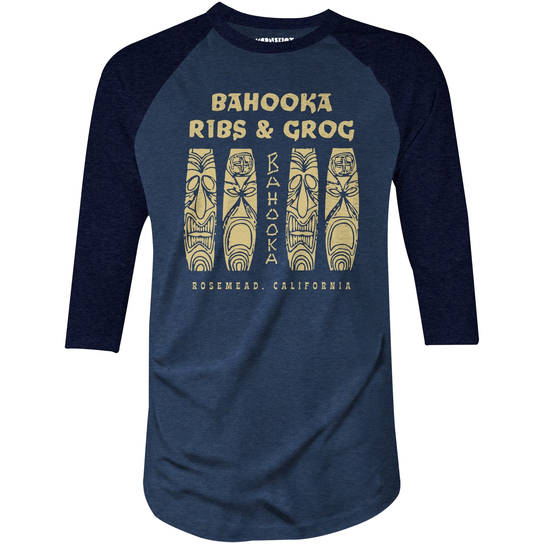 Bahooka Ribs & Grog - Rosemead, CA - Vintage Tiki Bar - 3/4 Sleeve Raglan T-Shirt
