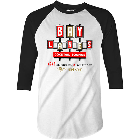 Bay Lanes - Bay City, MI - Vintage Bowling Alley - 3/4 Sleeve Raglan T-Shirt