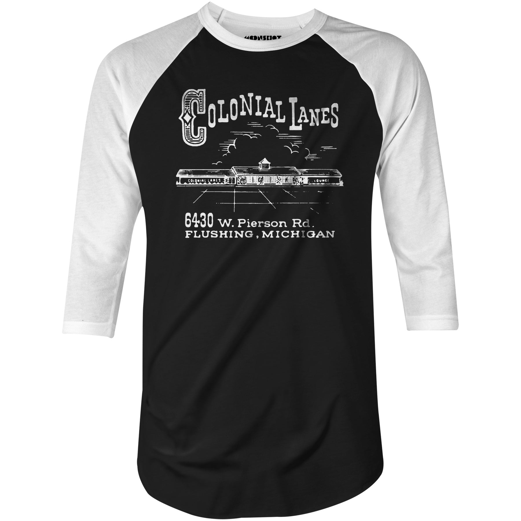 Colonial Lanes - Flushing, MI - Vintage Bowling Alley - 3/4 Sleeve Raglan T-Shirt