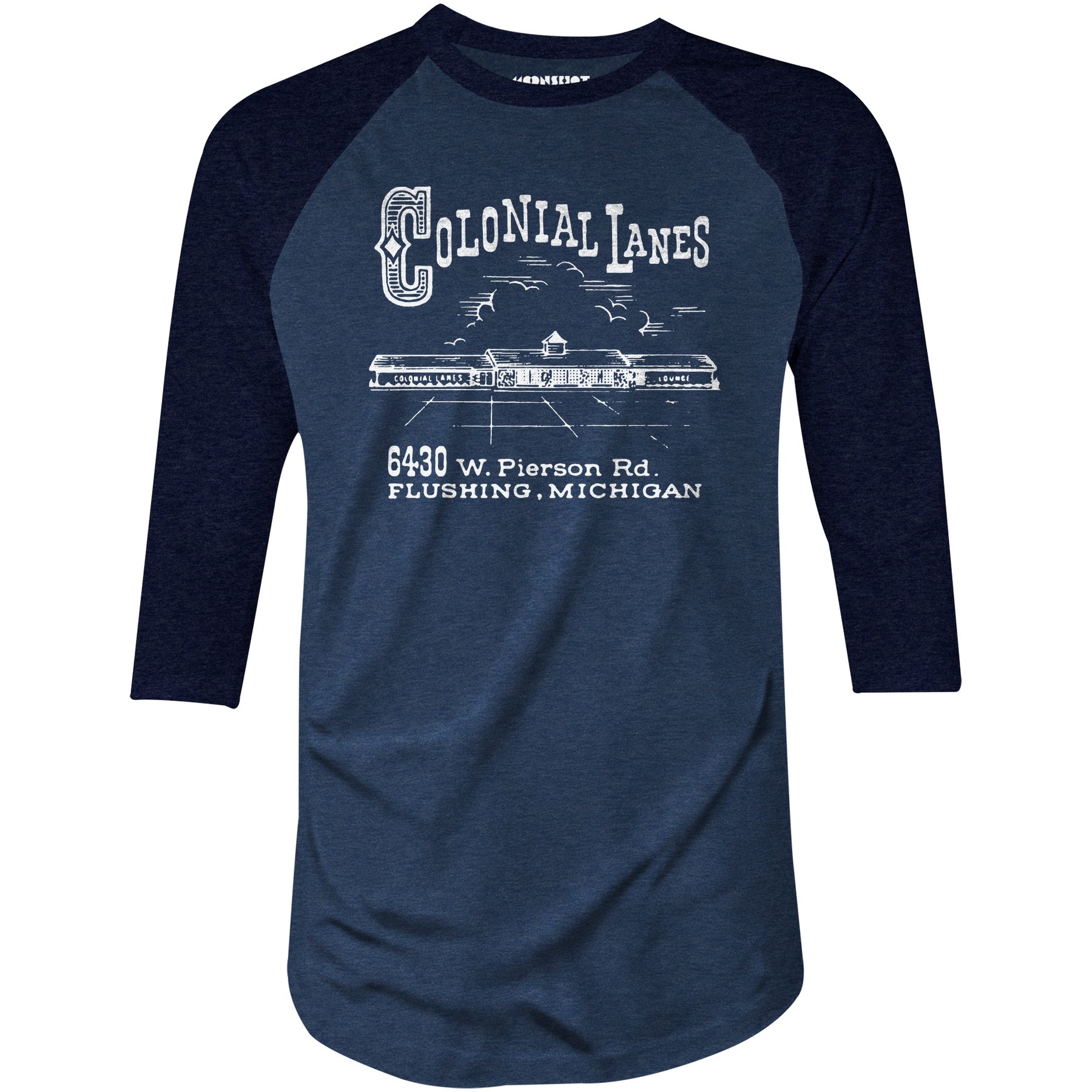 Colonial Lanes - Flushing, MI - Vintage Bowling Alley - 3/4 Sleeve Raglan T-Shirt