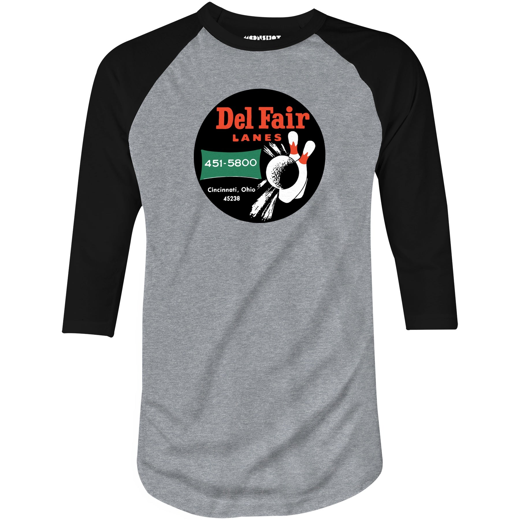 Del Fair Lanes - Cincinnati, OH - Vintage Bowling Alley - 3/4 Sleeve Raglan T-Shirt
