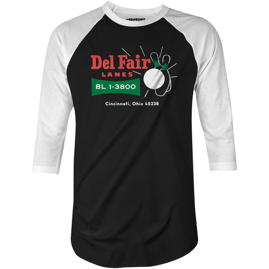 Del Fair Lanes v2 - Cincinnati, OH - Vintage Bowling Alley - 3/4 Sleeve Raglan T-Shirt