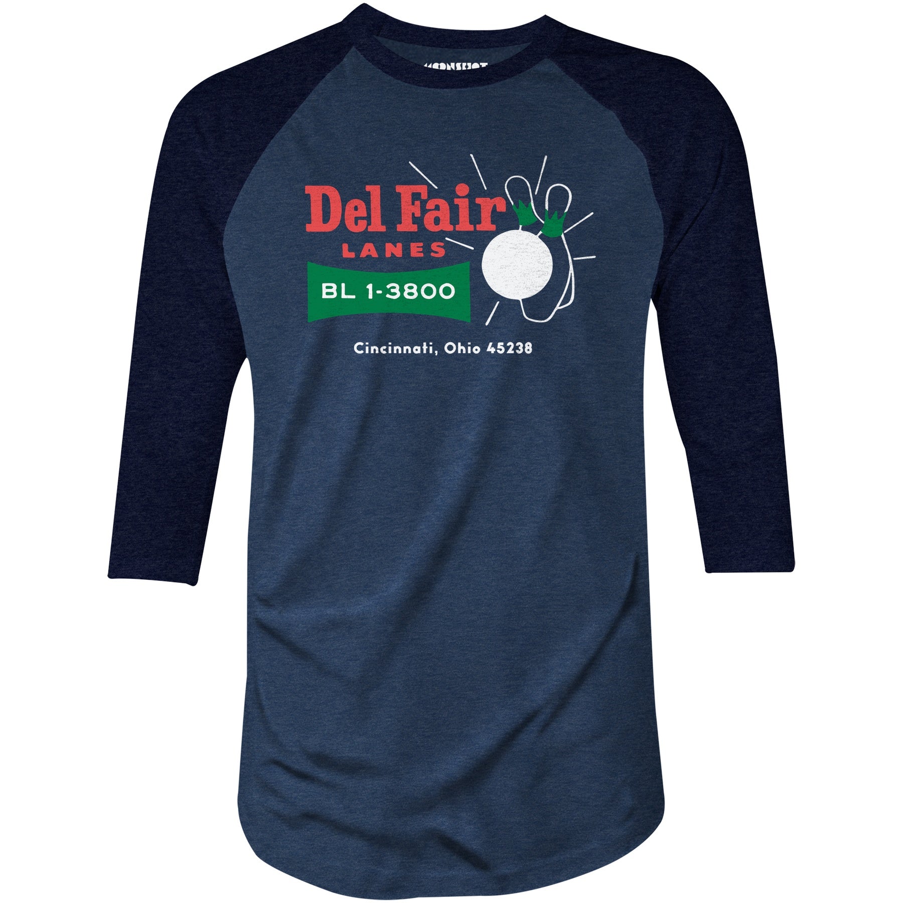 Del Fair Lanes v2 - Cincinnati, OH - Vintage Bowling Alley - 3/4 Sleeve Raglan T-Shirt