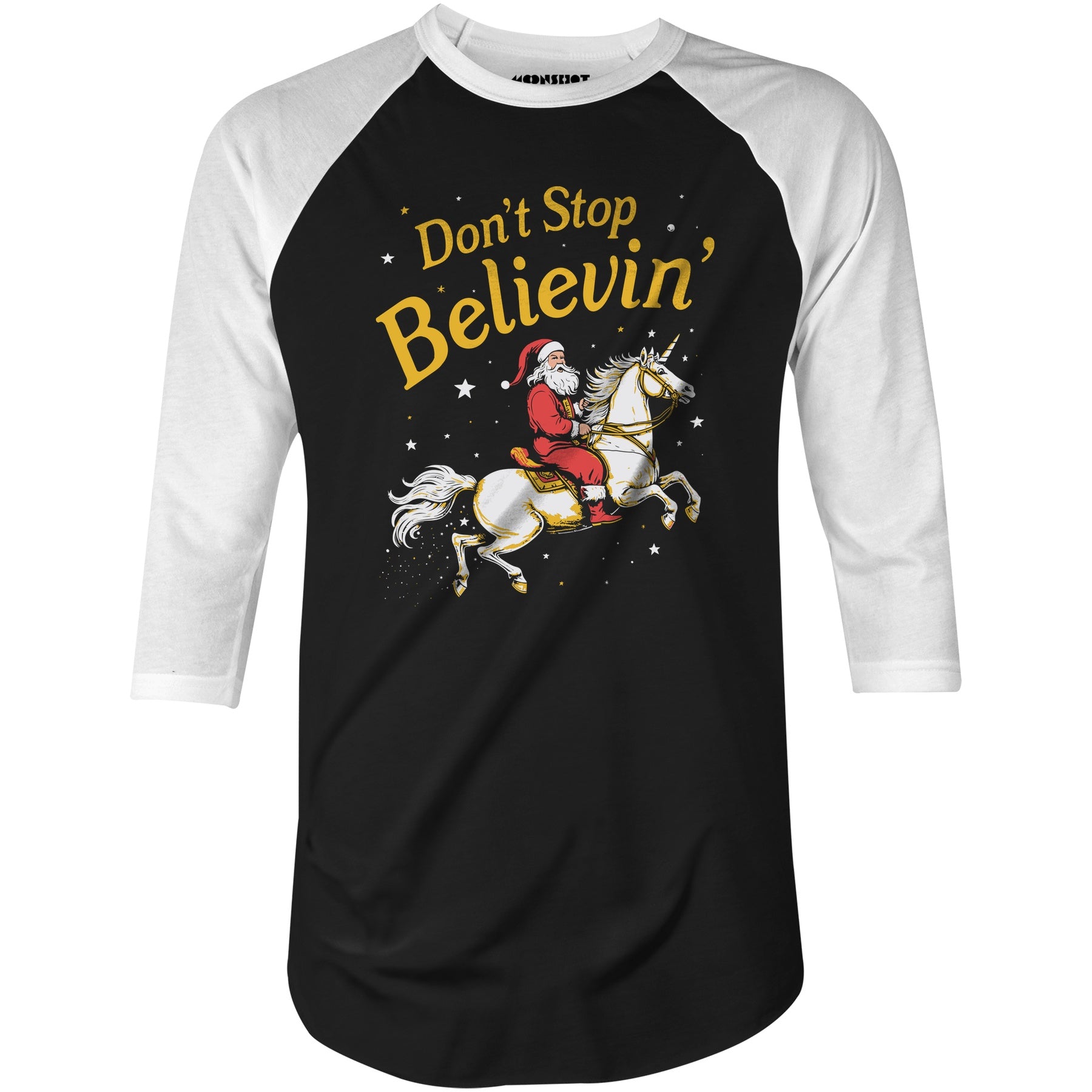 Don't Stop Believin' Santa Unicorn - 3/4 Sleeve Raglan T-Shirt