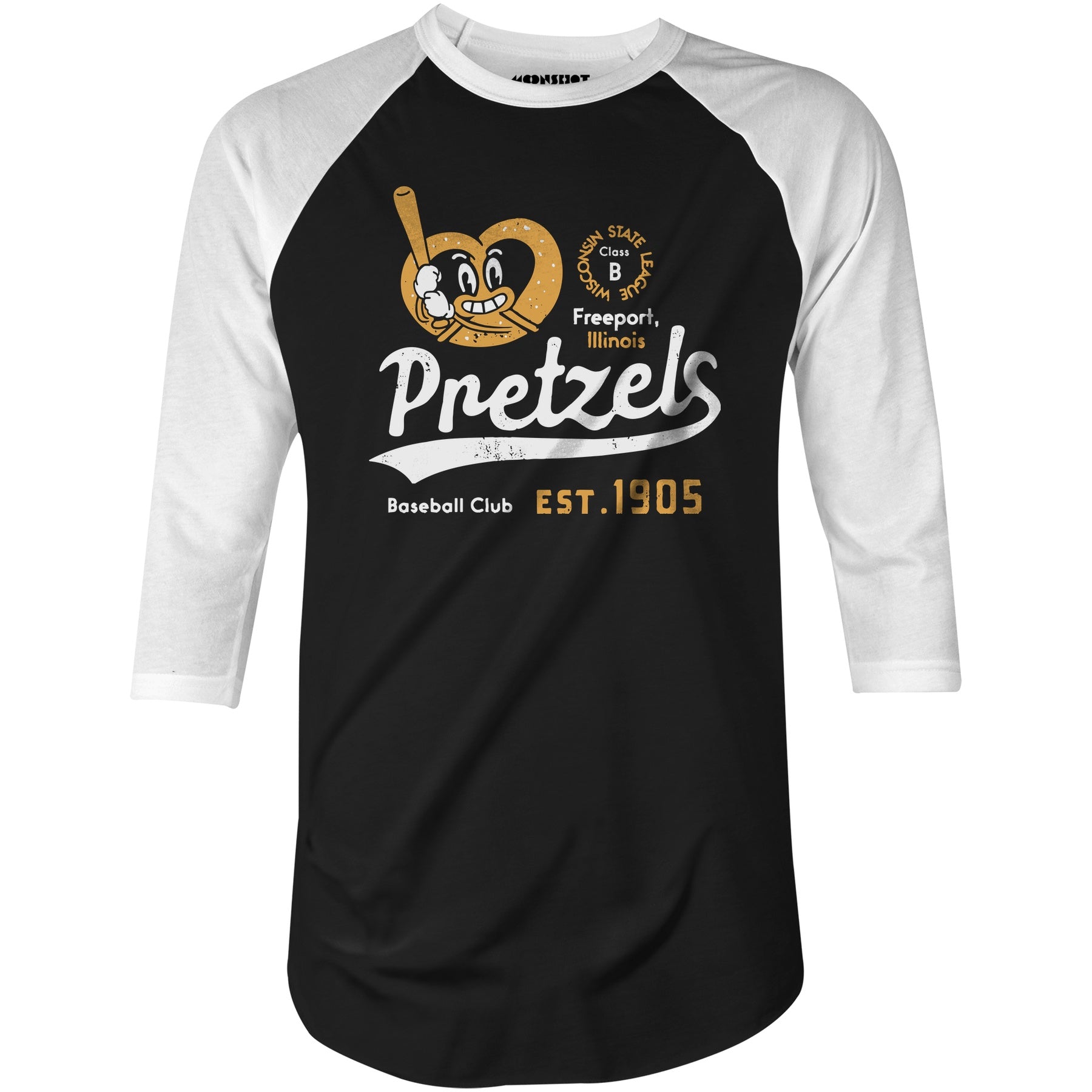 Freeport Pretzels - Illinois - Vintage Defunct Baseball Teams - 3/4 Sleeve Raglan T-Shirt