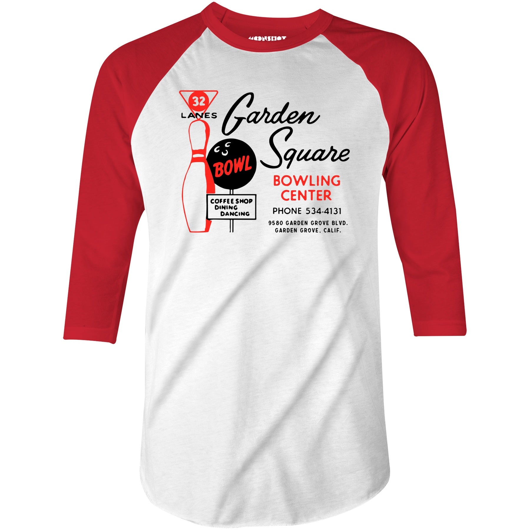 Garden Square Lanes - Garden Grove, CA - Vintage Bowling Alley - 3/4 Sleeve Raglan T-Shirt