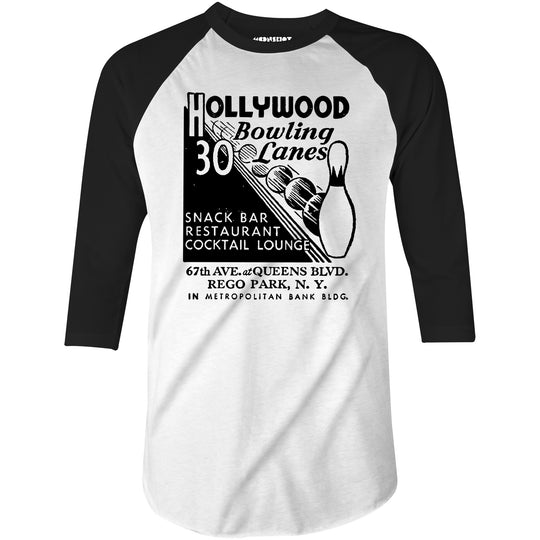 Hollywood Bowling Lanes - Rego Park, NY - Vintage Bowling Alley - 3/4 Sleeve Raglan T-Shirt
