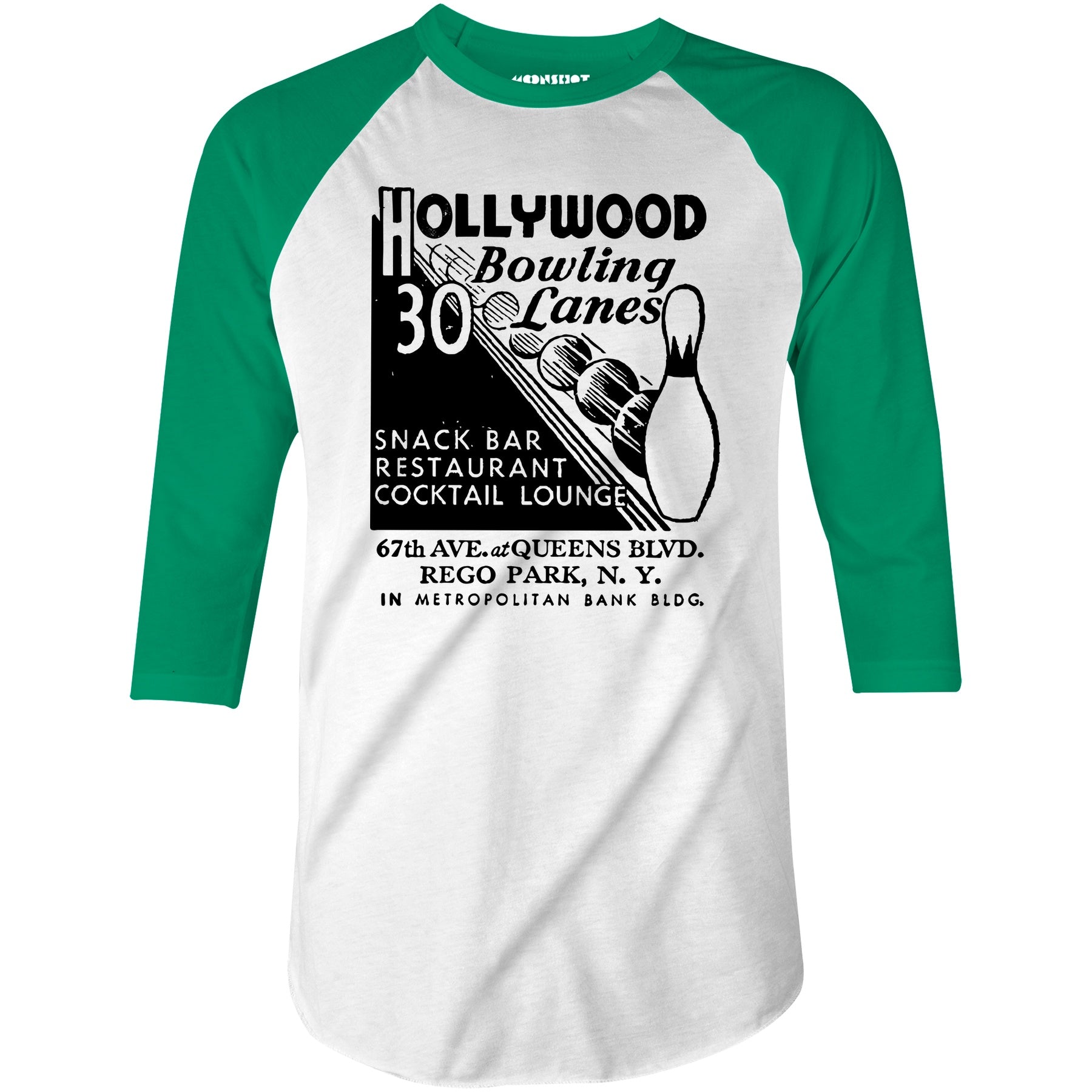 Hollywood Bowling Lanes - Rego Park, NY - Vintage Bowling Alley - 3/4 Sleeve Raglan T-Shirt
