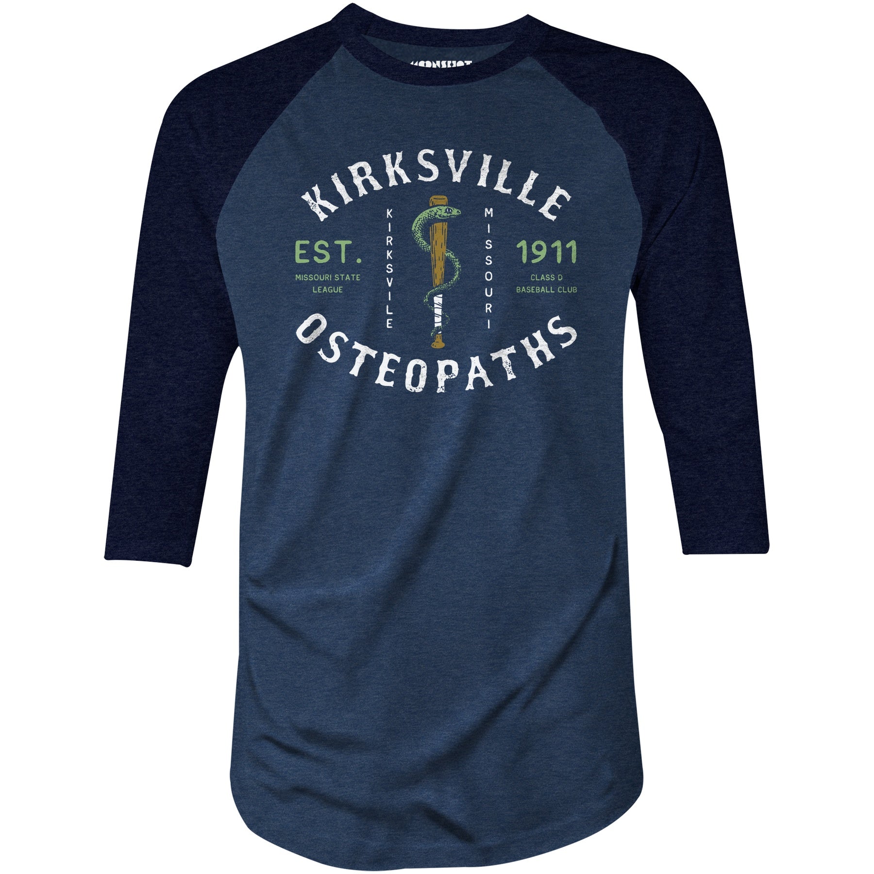 Kirksville Osteopaths - Missouri - Vintage Defunct Baseball Teams - 3/4 Sleeve Raglan T-Shirt