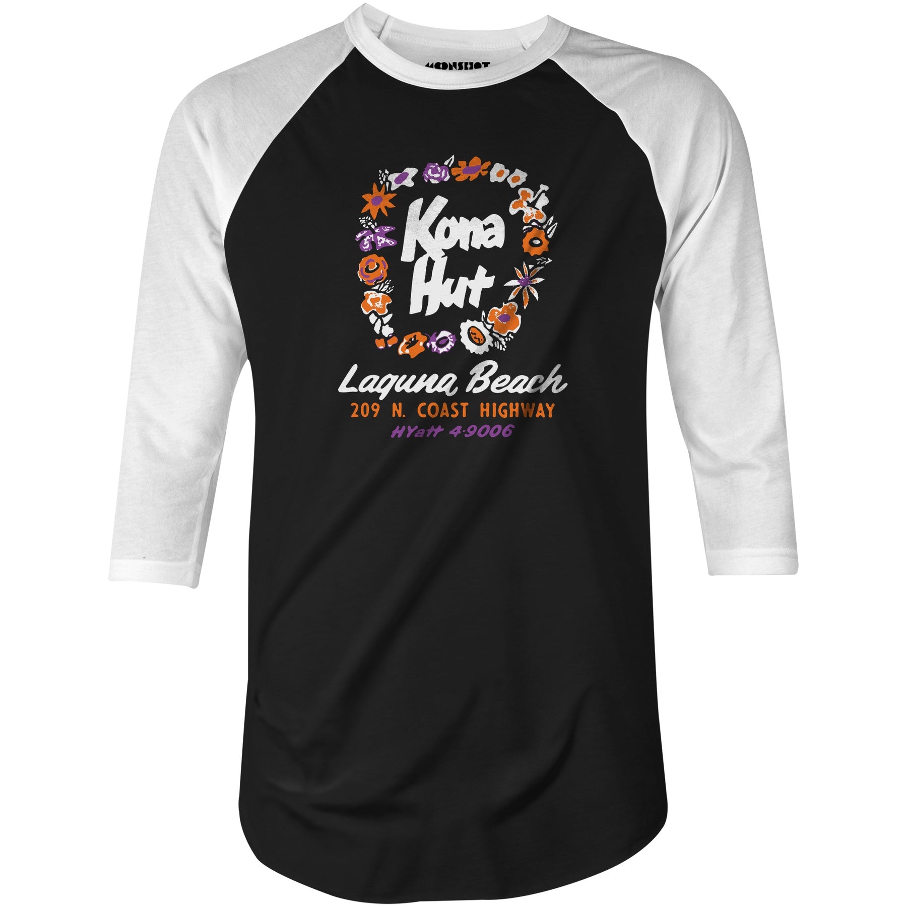Kona Hut - Laguna Beach, CA - Vintage Tiki Bar - 3/4 Sleeve Raglan T-Shirt