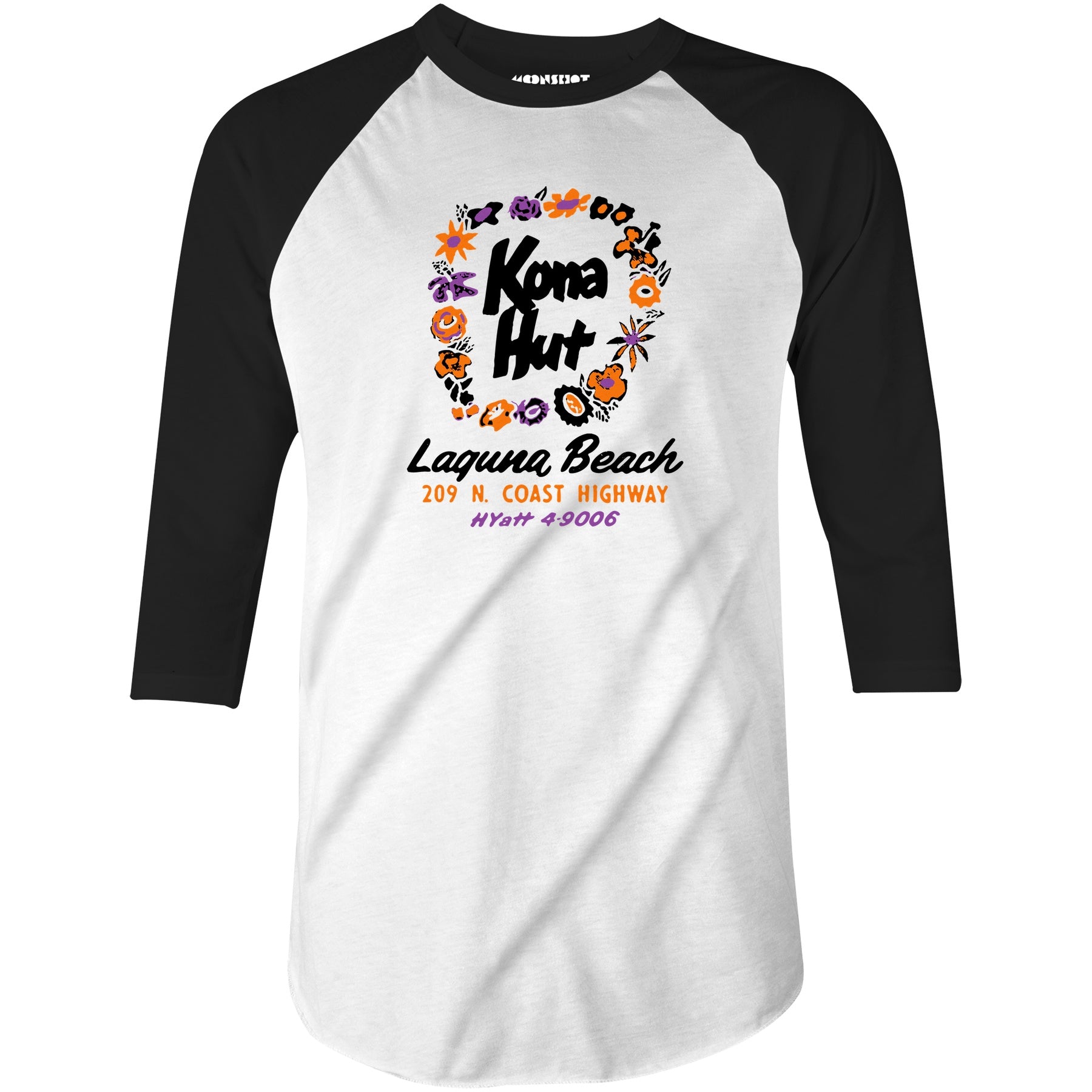 Kona Hut - Laguna Beach, CA - Vintage Tiki Bar - 3/4 Sleeve Raglan T-Shirt