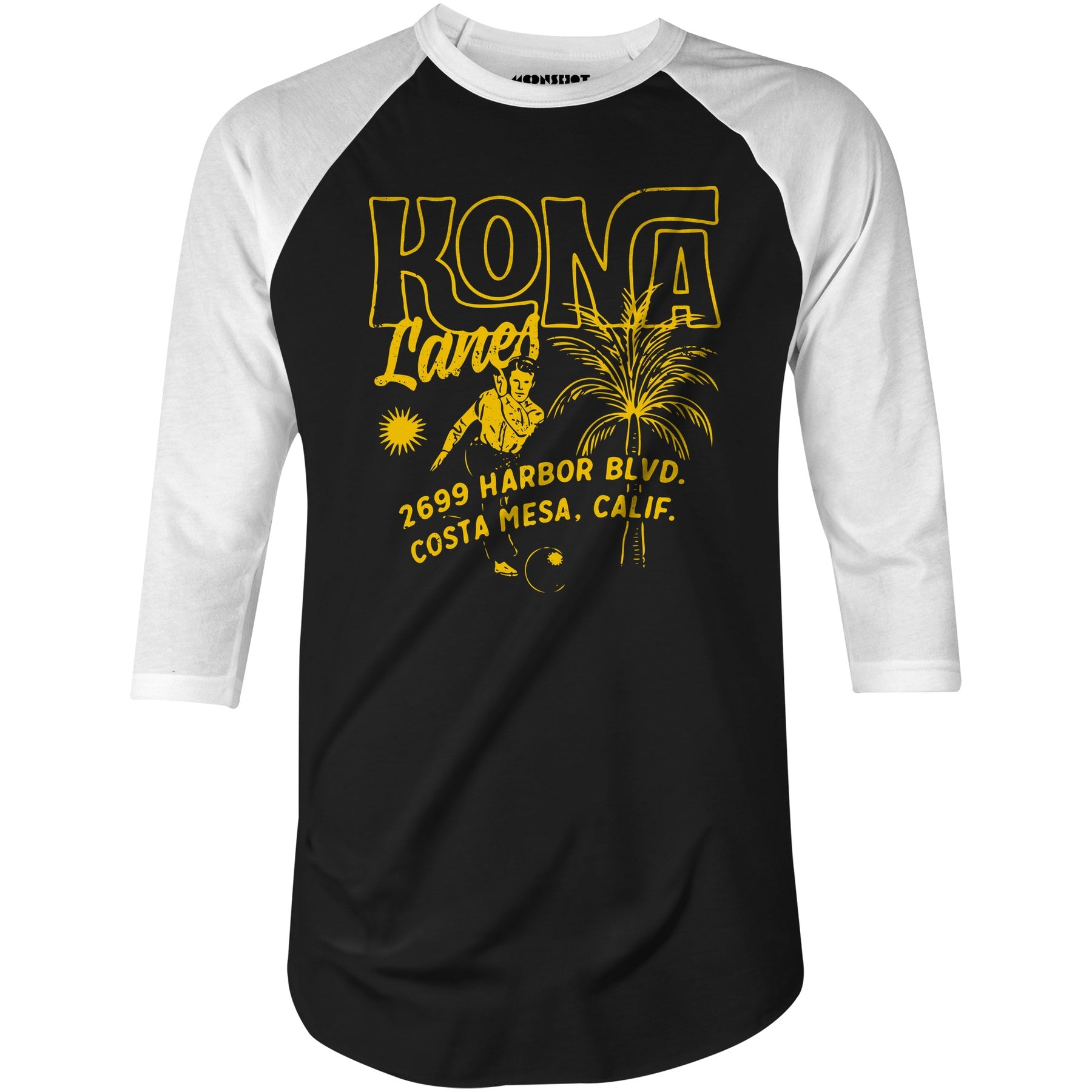Kona Lanes v3 - Costa Mesa, CA - Vintage Bowling Alley - 3/4 Sleeve Raglan T-Shirt