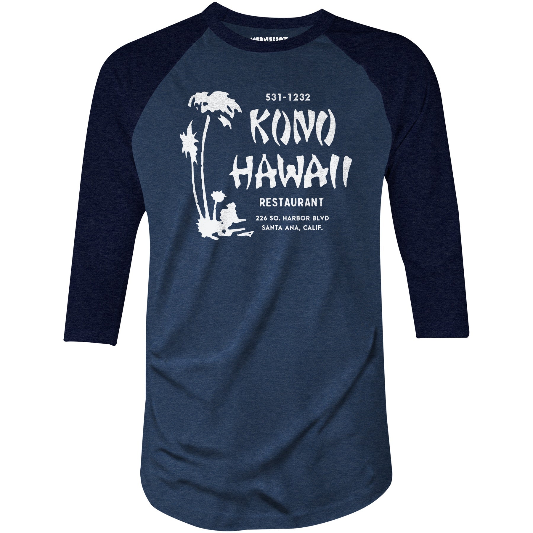 Kono Hawaii - Santa Ana, CA - Vintage Tiki Bar - 3/4 Sleeve Raglan T-Shirt
