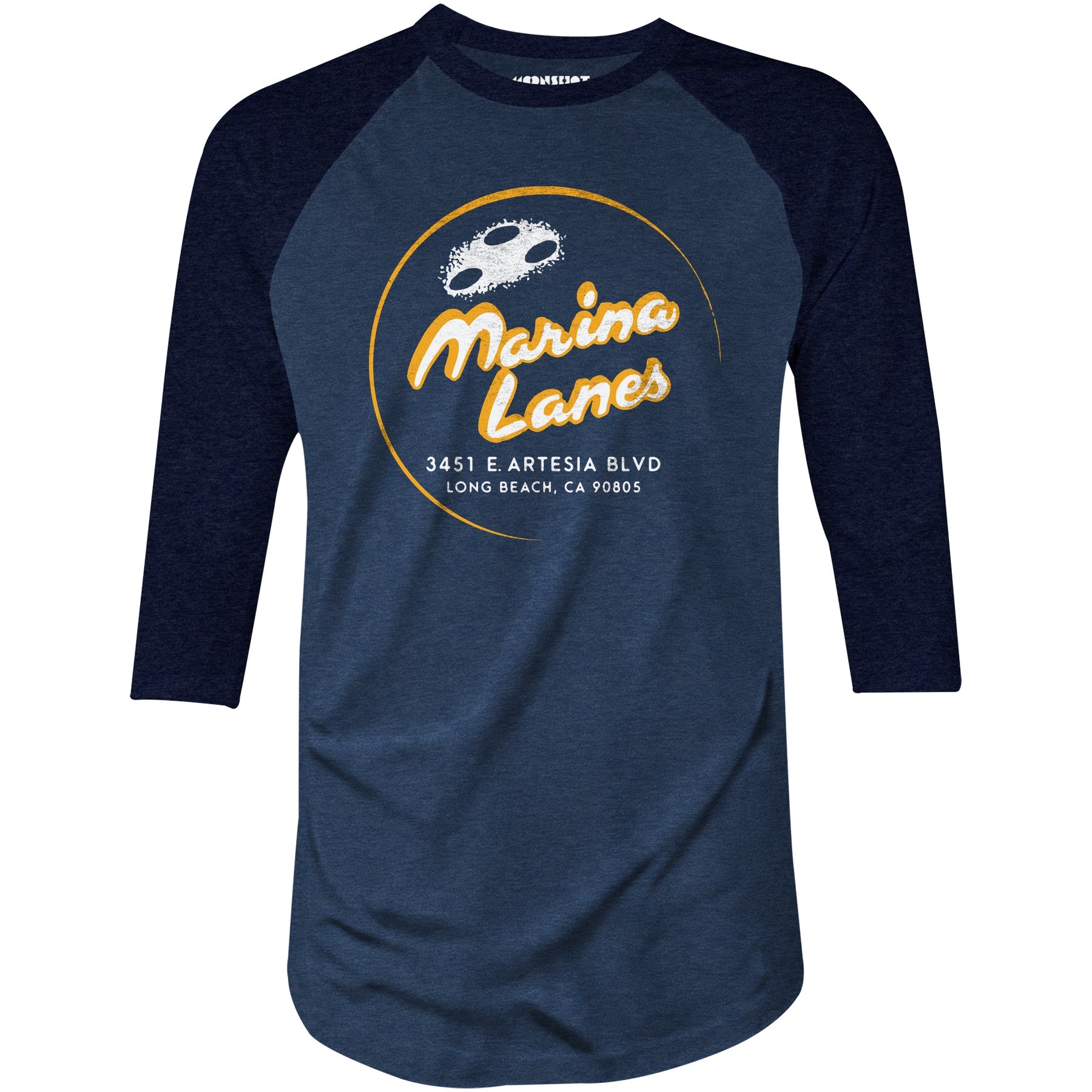 Marina Lanes - Long Beach, CA - Vintage Bowling Alley - 3/4 Sleeve Raglan T-Shirt