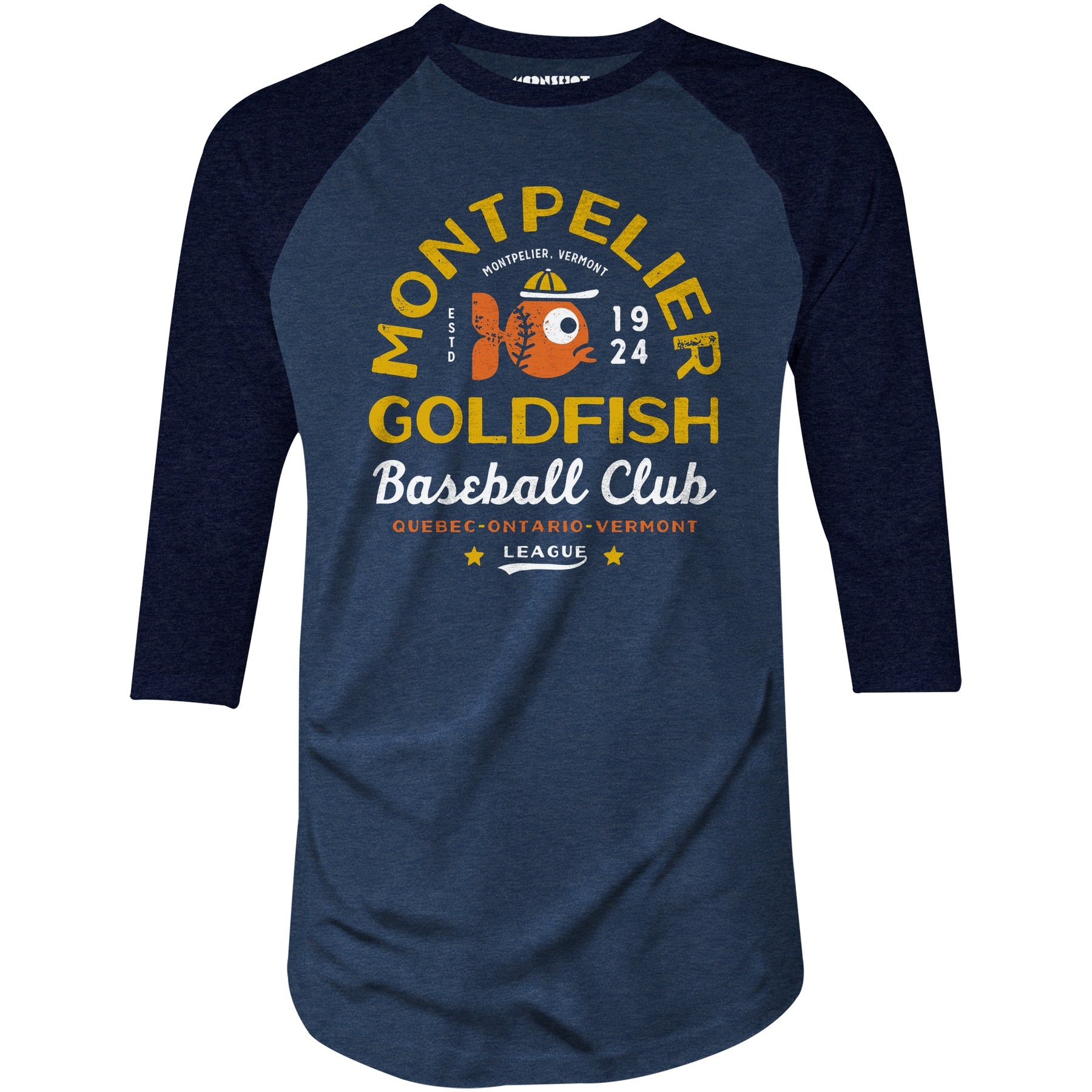 Montpelier Goldfish - Vermont - Vintage Defunct Baseball Teams - 3/4 Sleeve Raglan T-Shirt