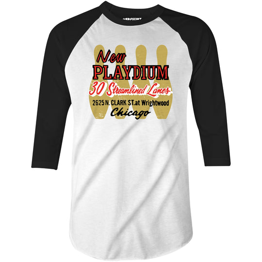New Playdium - Chicago, IL - Vintage Bowling Alley - 3/4 Sleeve Raglan T-Shirt