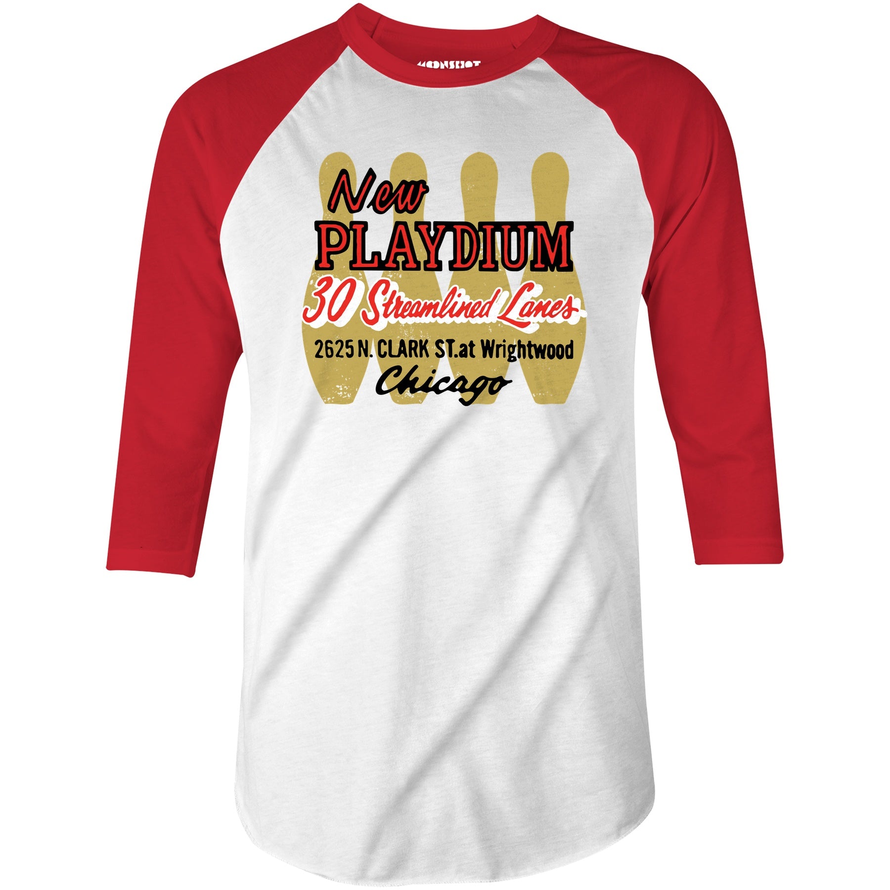 New Playdium - Chicago, IL - Vintage Bowling Alley - 3/4 Sleeve Raglan T-Shirt