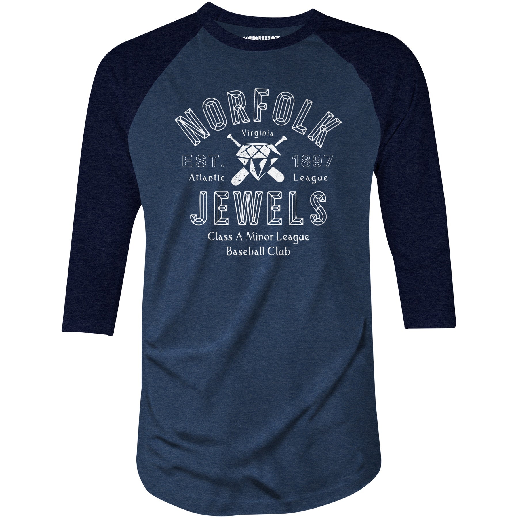 Norfolk Jewels - Virginia - Vintage Defunct Baseball Teams - 3/4 Sleeve Raglan T-Shirt