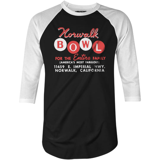 Norwalk Bowl - Norwalk, CA - Vintage Bowling Alley - 3/4 Sleeve Raglan T-Shirt