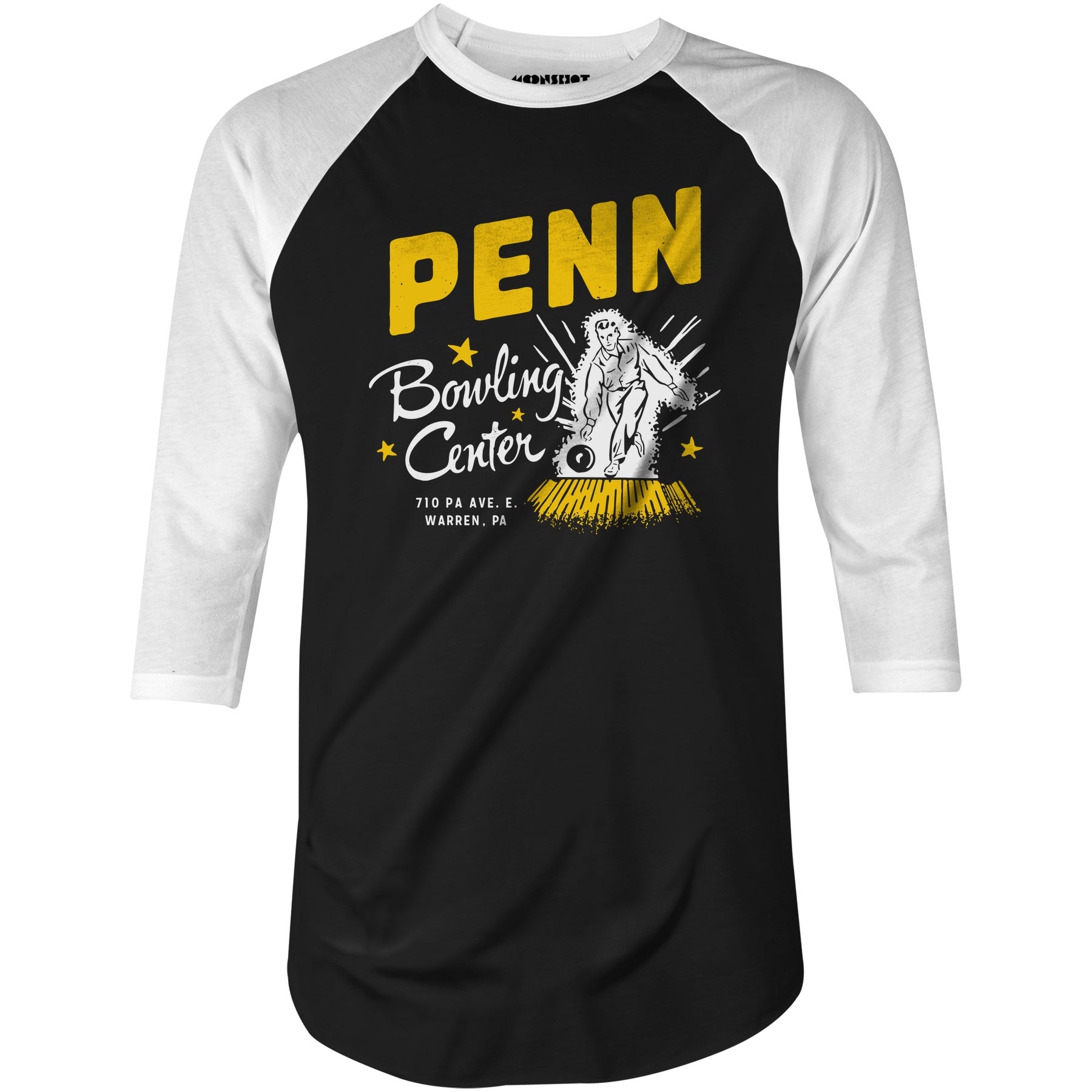 Penn Bowling Center - Warren, PA - Vintage Bowling Alley - 3/4 Sleeve Raglan T-Shirt