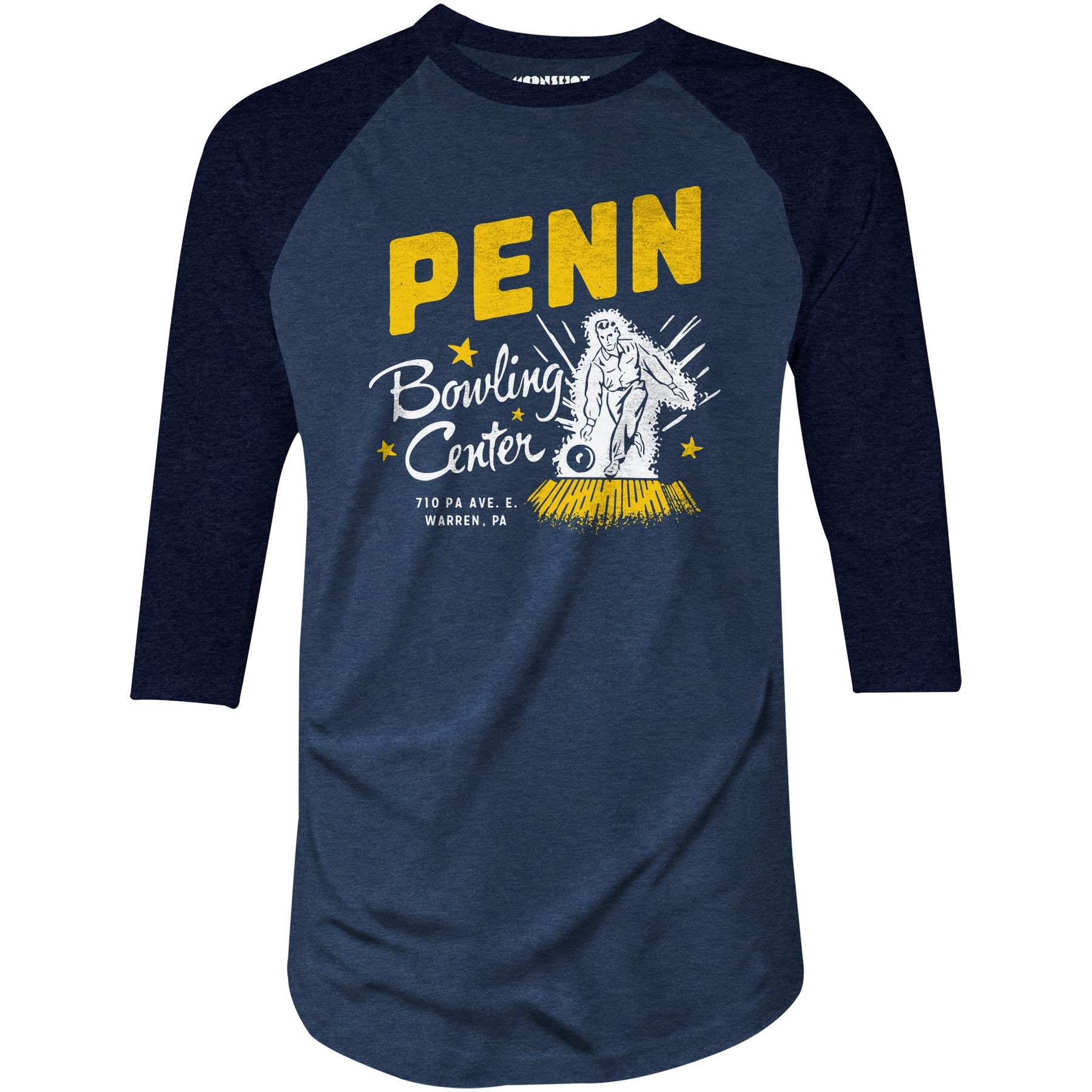 Penn Bowling Center - Warren, PA - Vintage Bowling Alley - 3/4 Sleeve Raglan T-Shirt