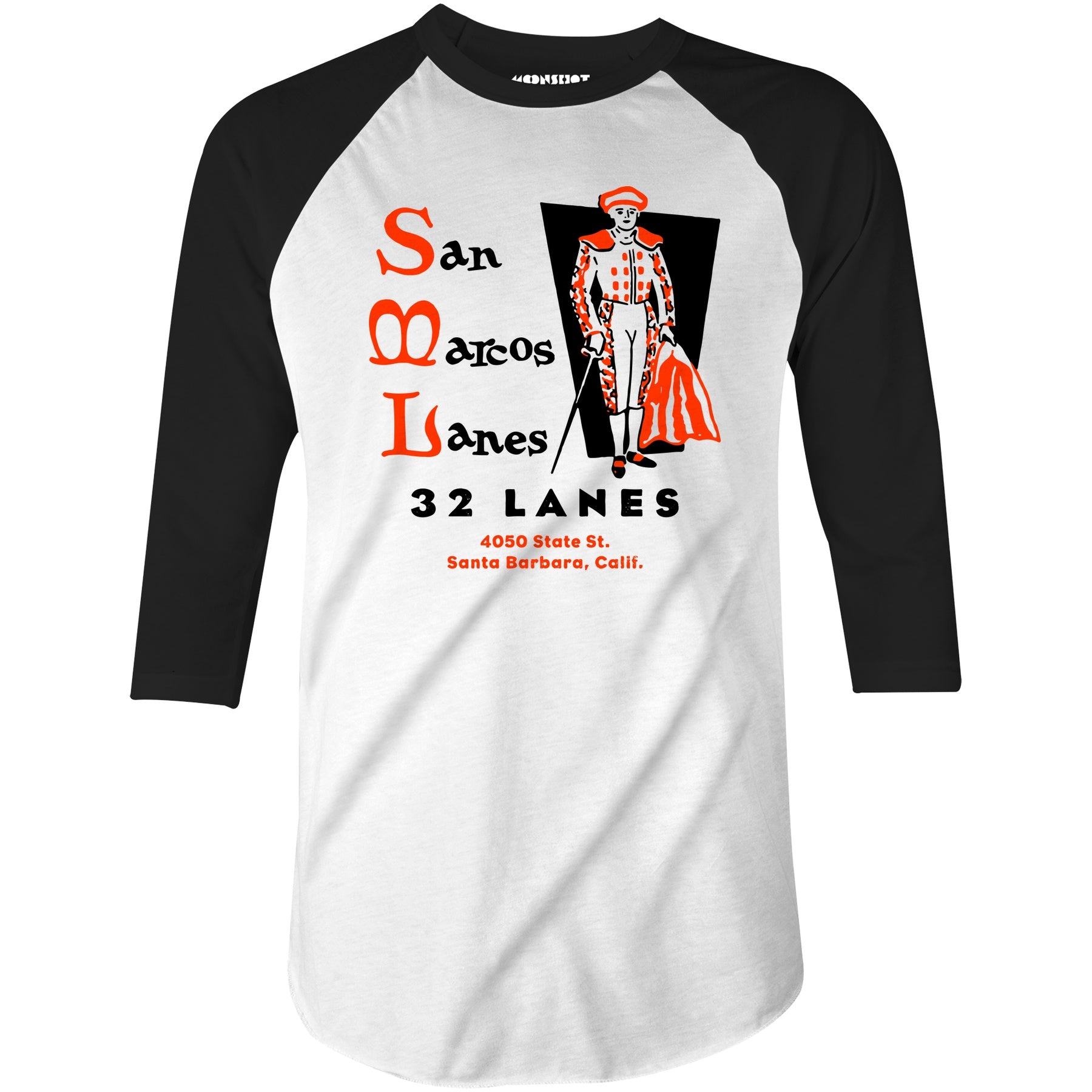 San Marcos Lanes - Santa Barbara, CA - Vintage Bowling Alley - 3/4 Sleeve Raglan T-Shirt