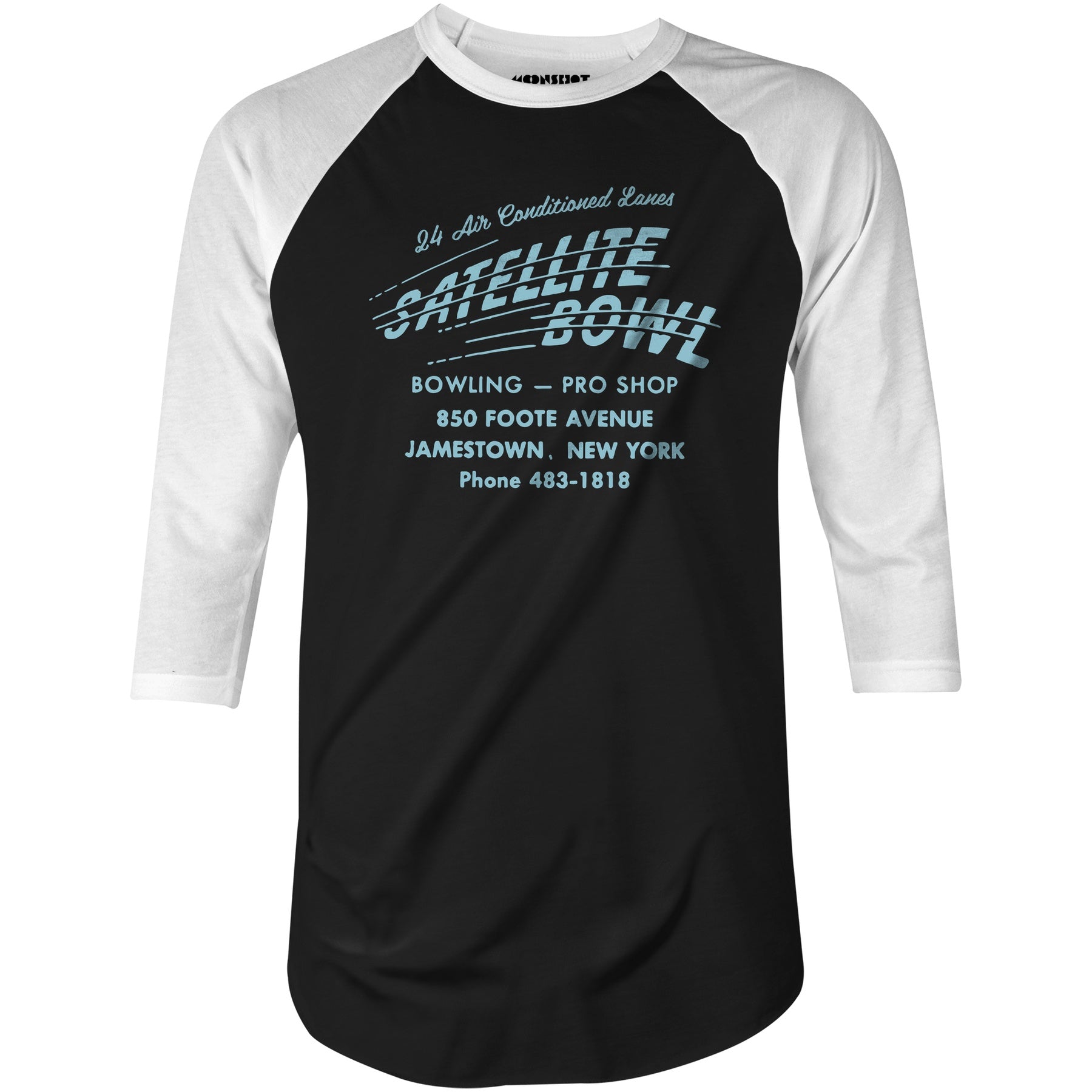 Satellite Bowl - Jamestown, NY - Vintage Bowling Alley - 3/4 Sleeve Raglan T-Shirt