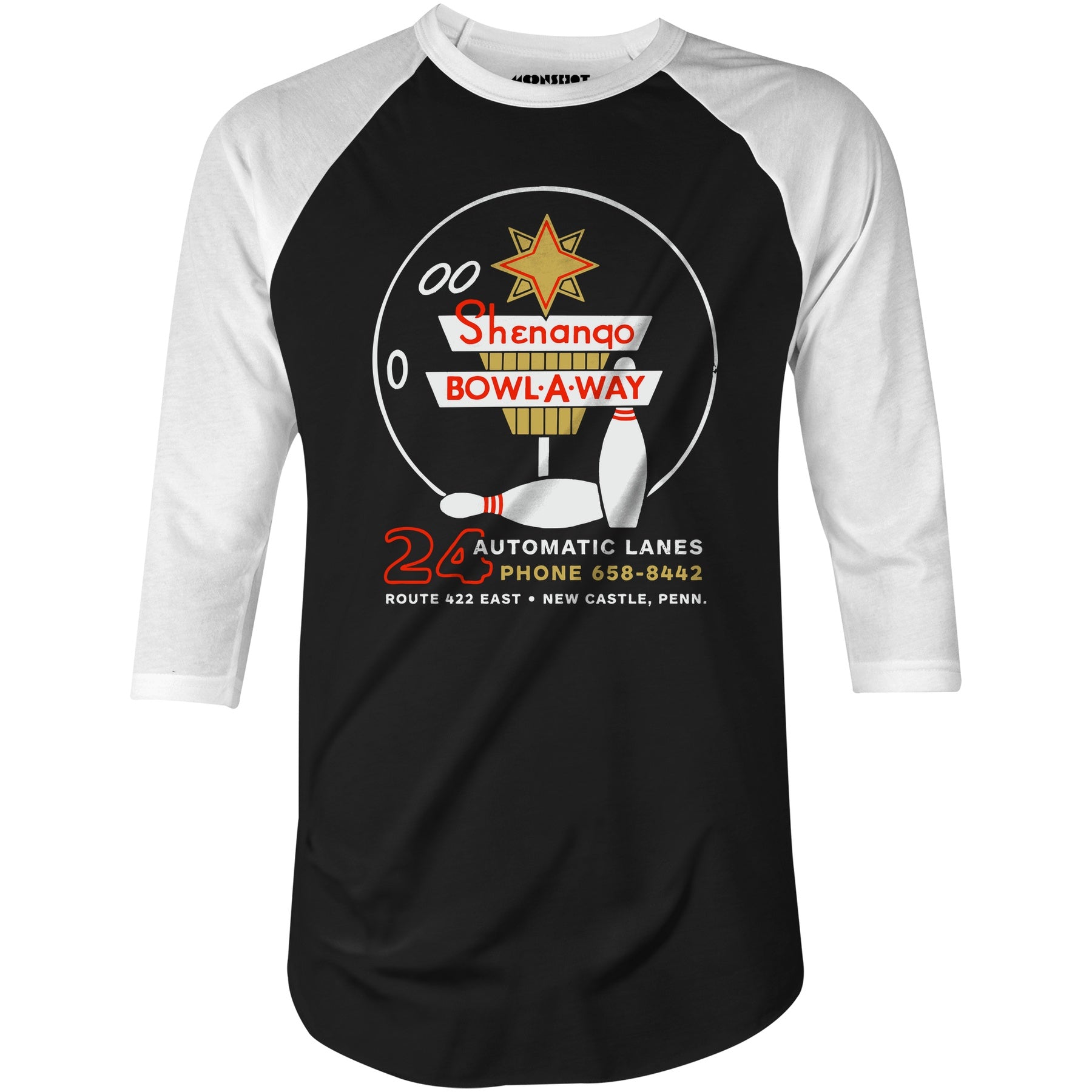 Shenango Bowl-a-Way - New Castle, PA - Vintage Bowling Alley - 3/4 Sleeve Raglan T-Shirt