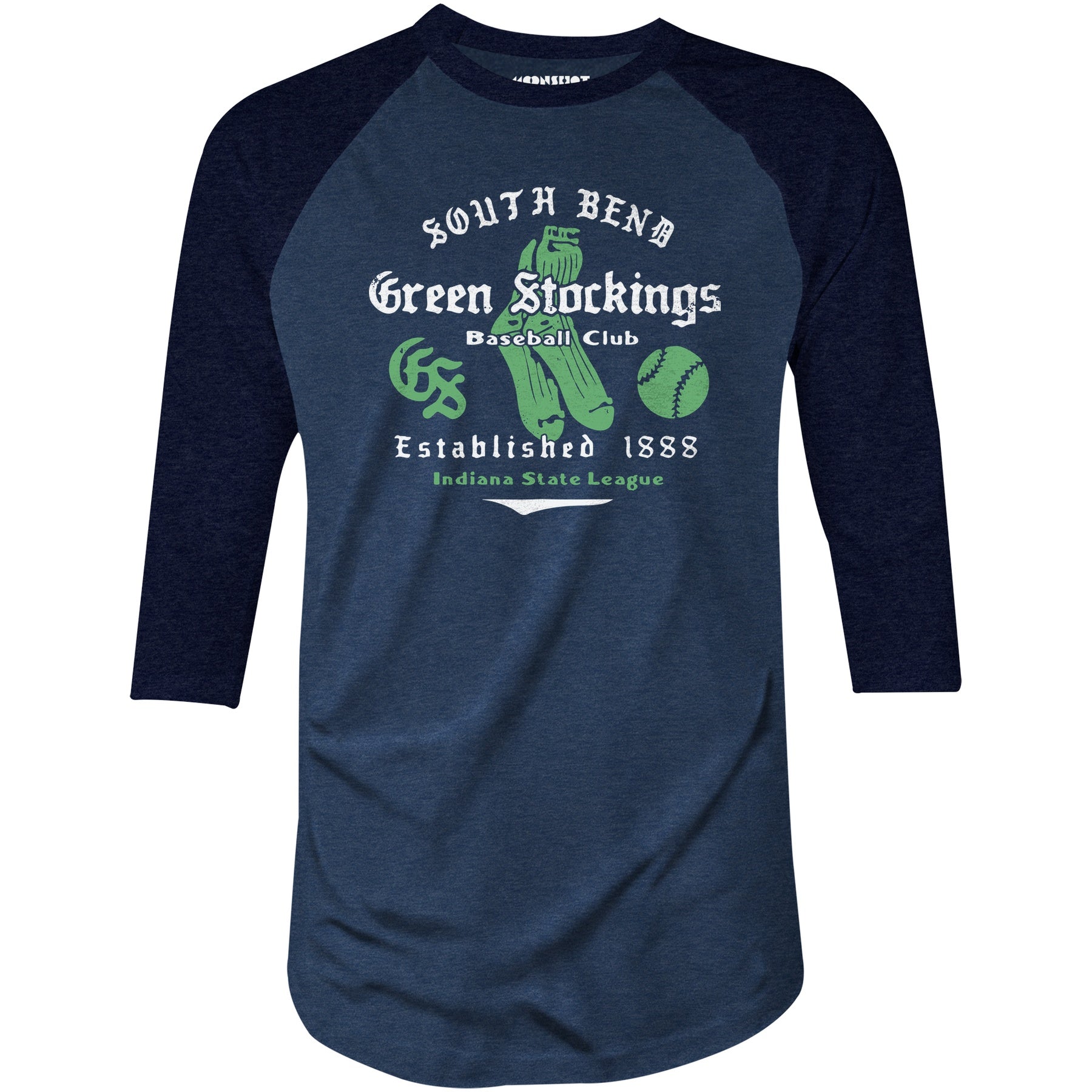 South Bend Green Stockings - Indiana - Vintage Defunct Baseball Teams - 3/4 Sleeve Raglan T-Shirt