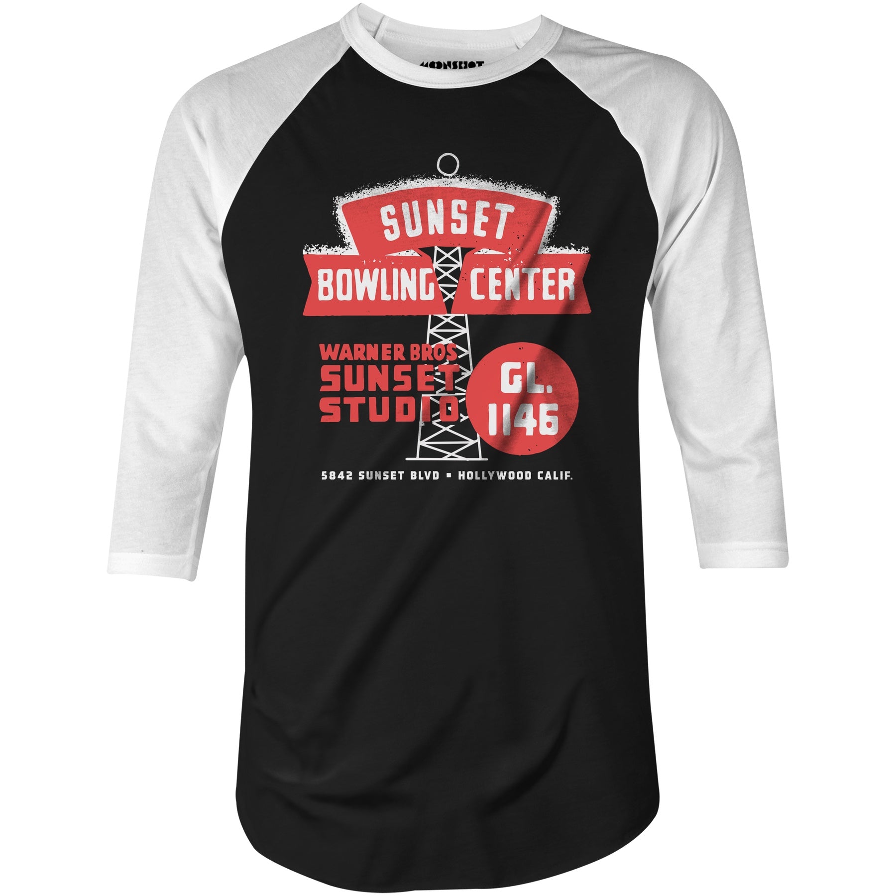 Sunset Bowling Center - Hollywood, CA - Vintage Bowling Alley - 3/4 Sleeve Raglan T-Shirt