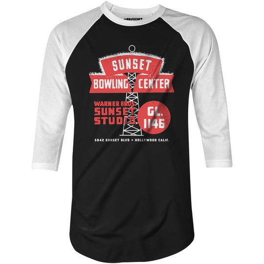 Sunset Bowling Center - Hollywood, CA - Vintage Bowling Alley - 3/4 Sleeve Raglan T-Shirt