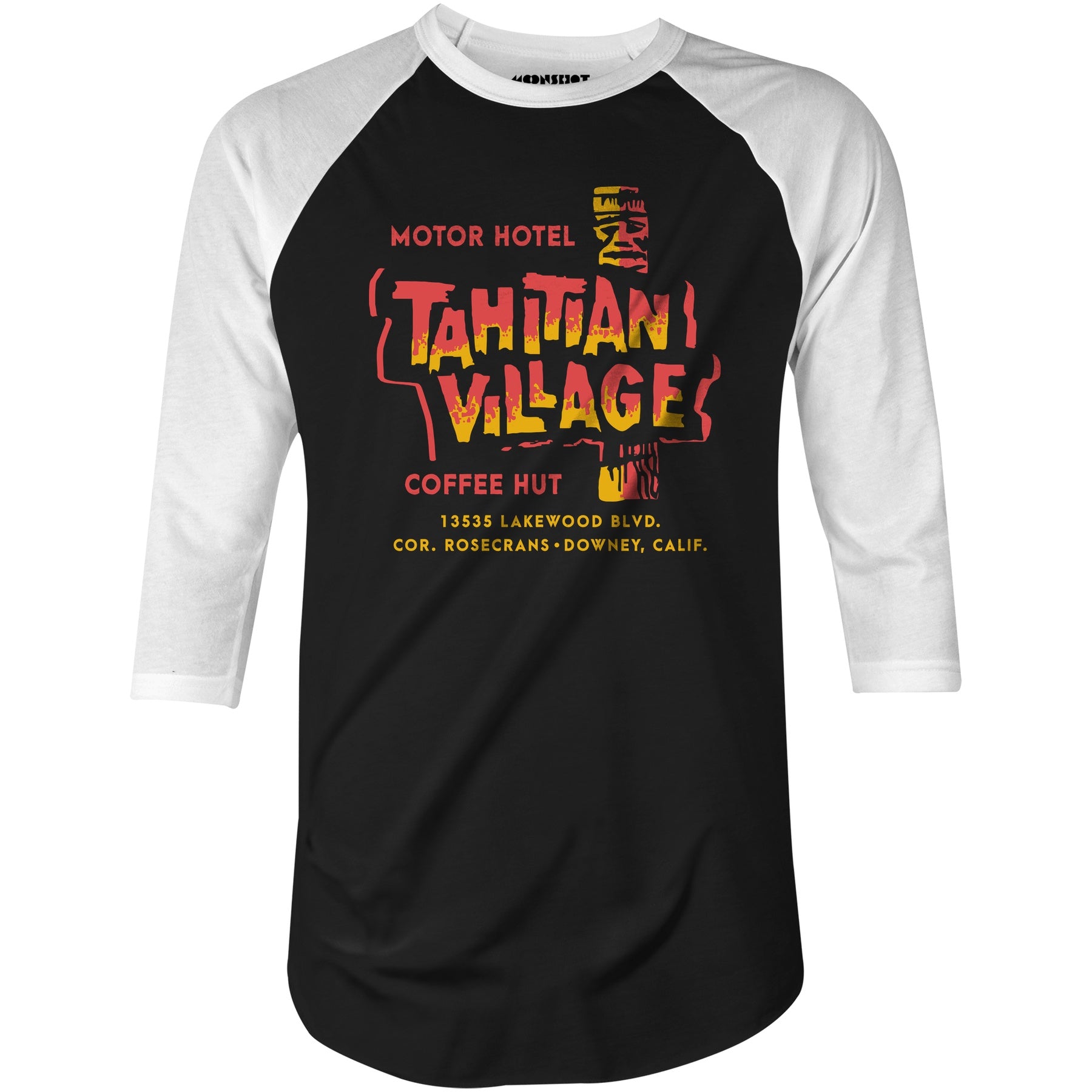 Tahitian Village - Downey, CA - Vintage Tiki Bar - 3/4 Sleeve Raglan T-Shirt
