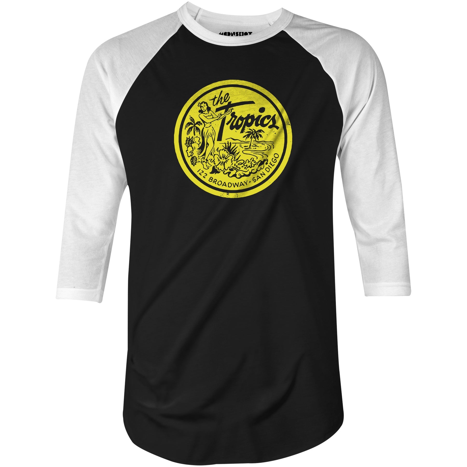 The Tropics - San Diego, CA - Vintage Tiki Bar - 3/4 Sleeve Raglan T-Shirt