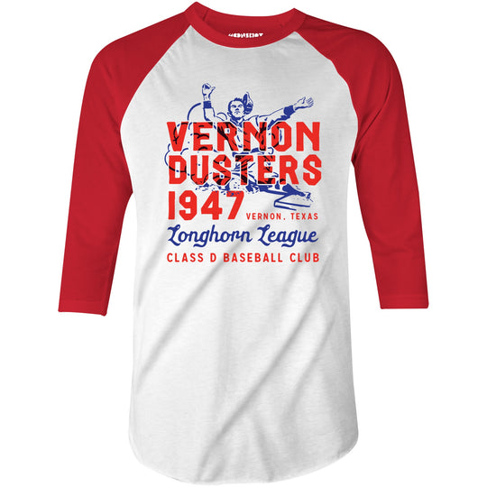 Vernon Dusters - Texas - Vintage Defunct Baseball Teams - 3/4 Sleeve Raglan T-Shirt
