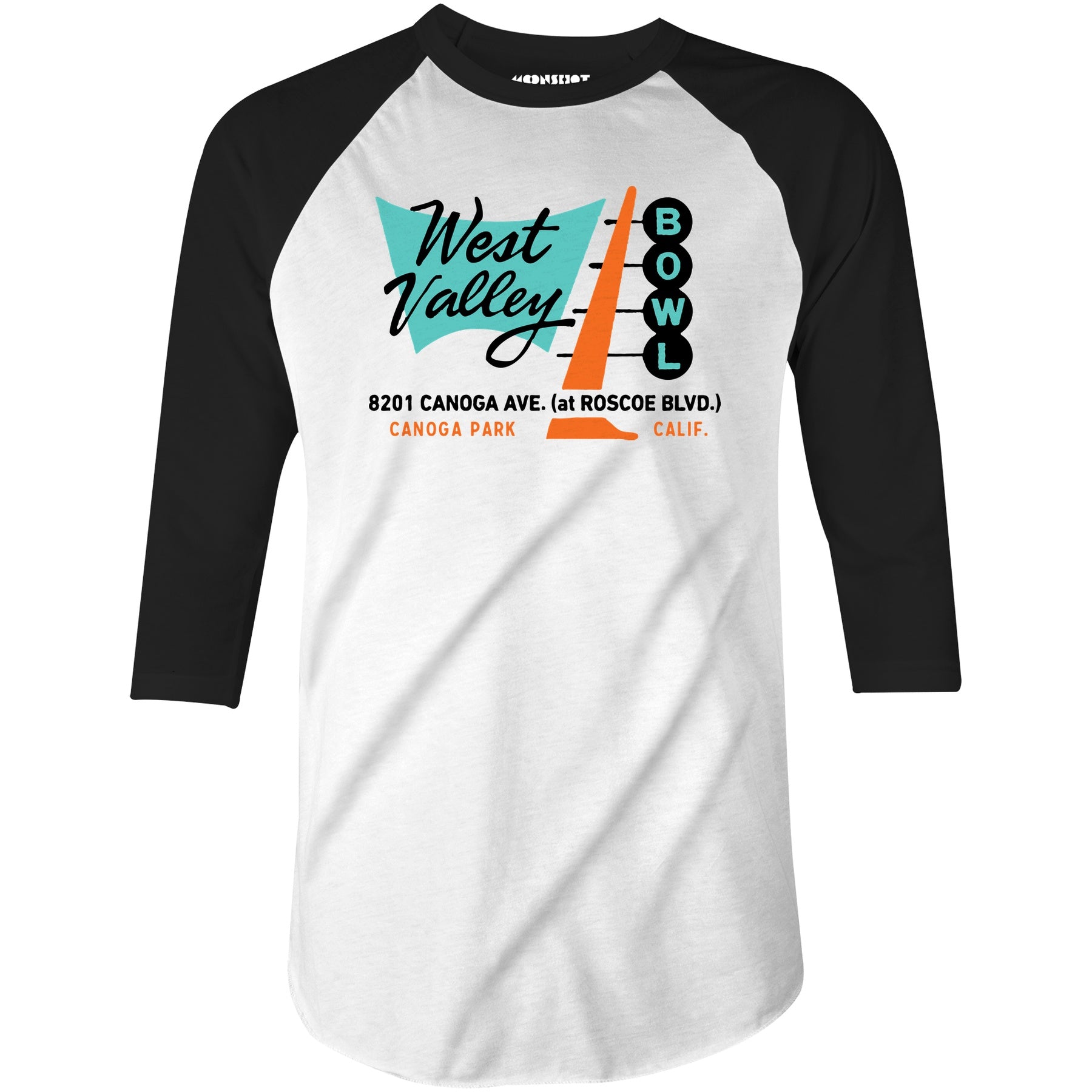 West Valley Bowl - Canoga Park, CA - Vintage Bowling Alley - 3/4 Sleeve Raglan T-Shirt