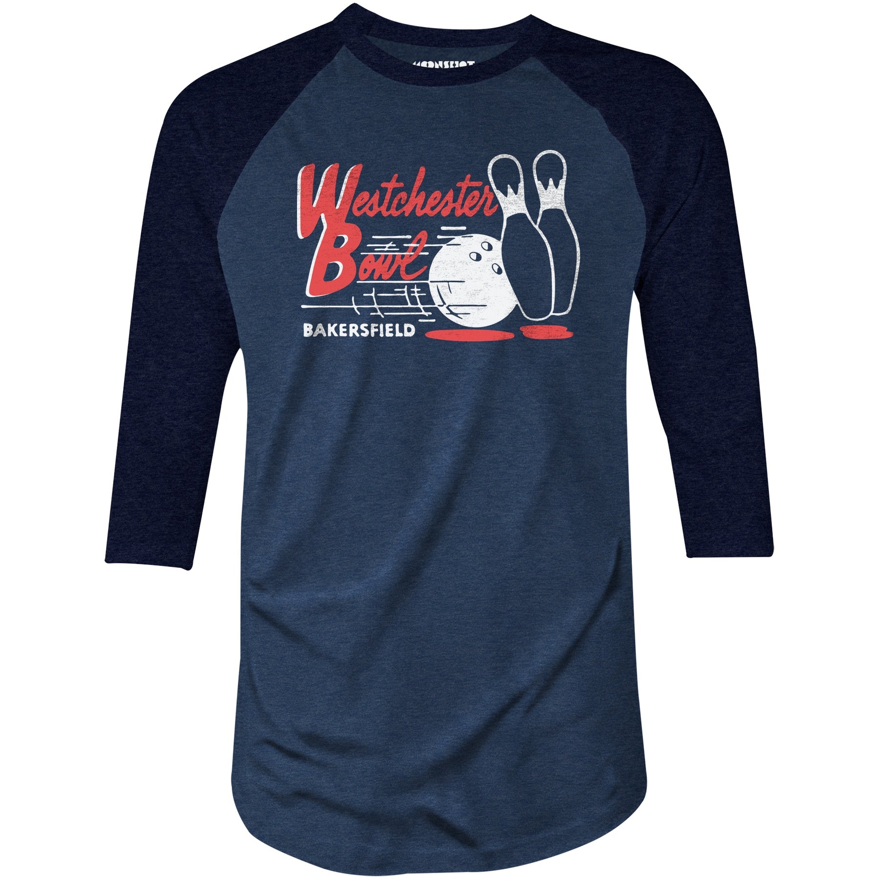 Westchester Bowl - Bakersfield, CA - Vintage Bowling Alley - 3/4 Sleeve Raglan T-Shirt