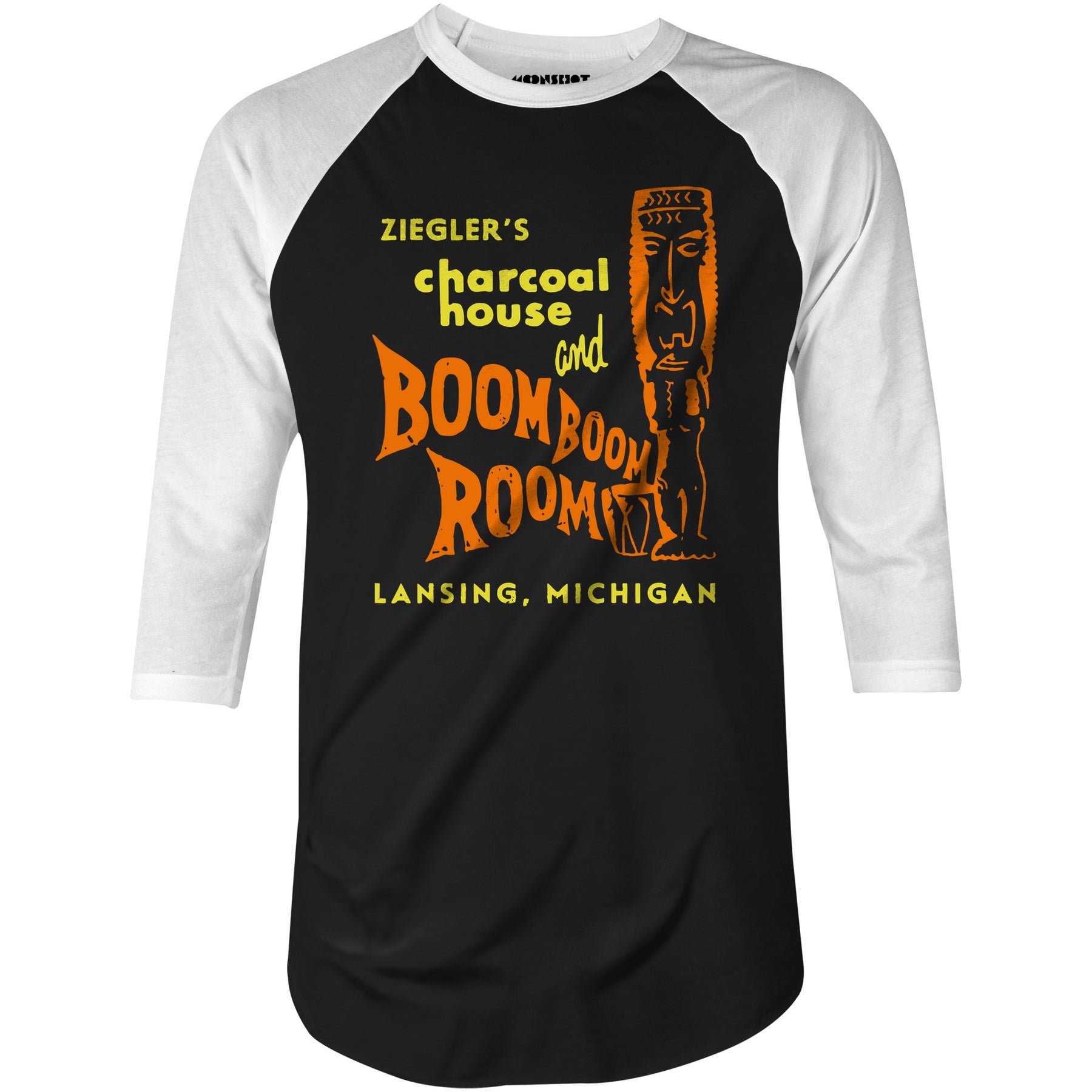 Ziegler's Charcoal House & Boom Boom Room - Lansing, MI - Vintage Tiki Bar - 3/4 Sleeve Raglan T-Shirt