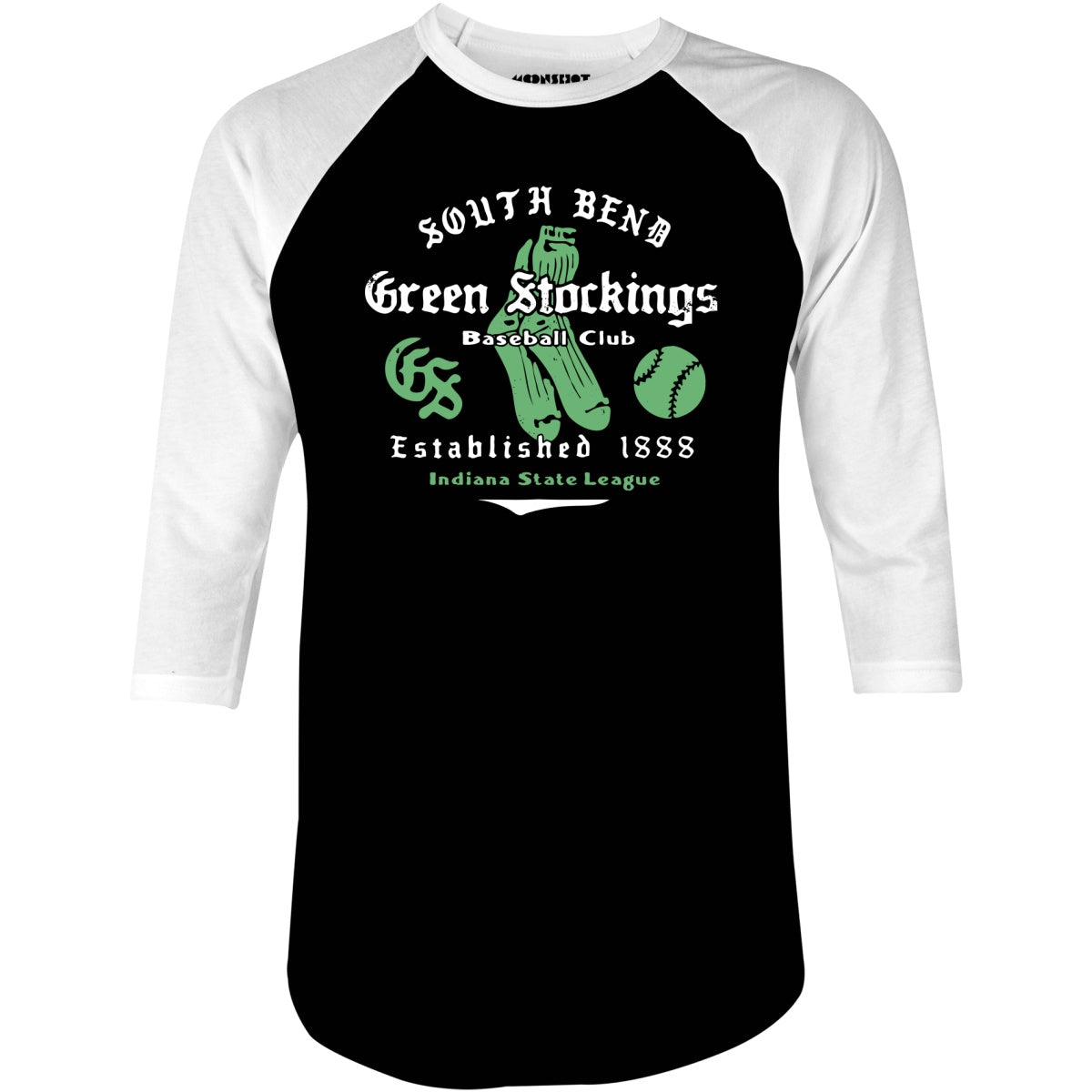 South Bend Green Stockings - Indiana - Vintage Defunct Baseball Teams - 3/4 Sleeve Raglan T-Shirt