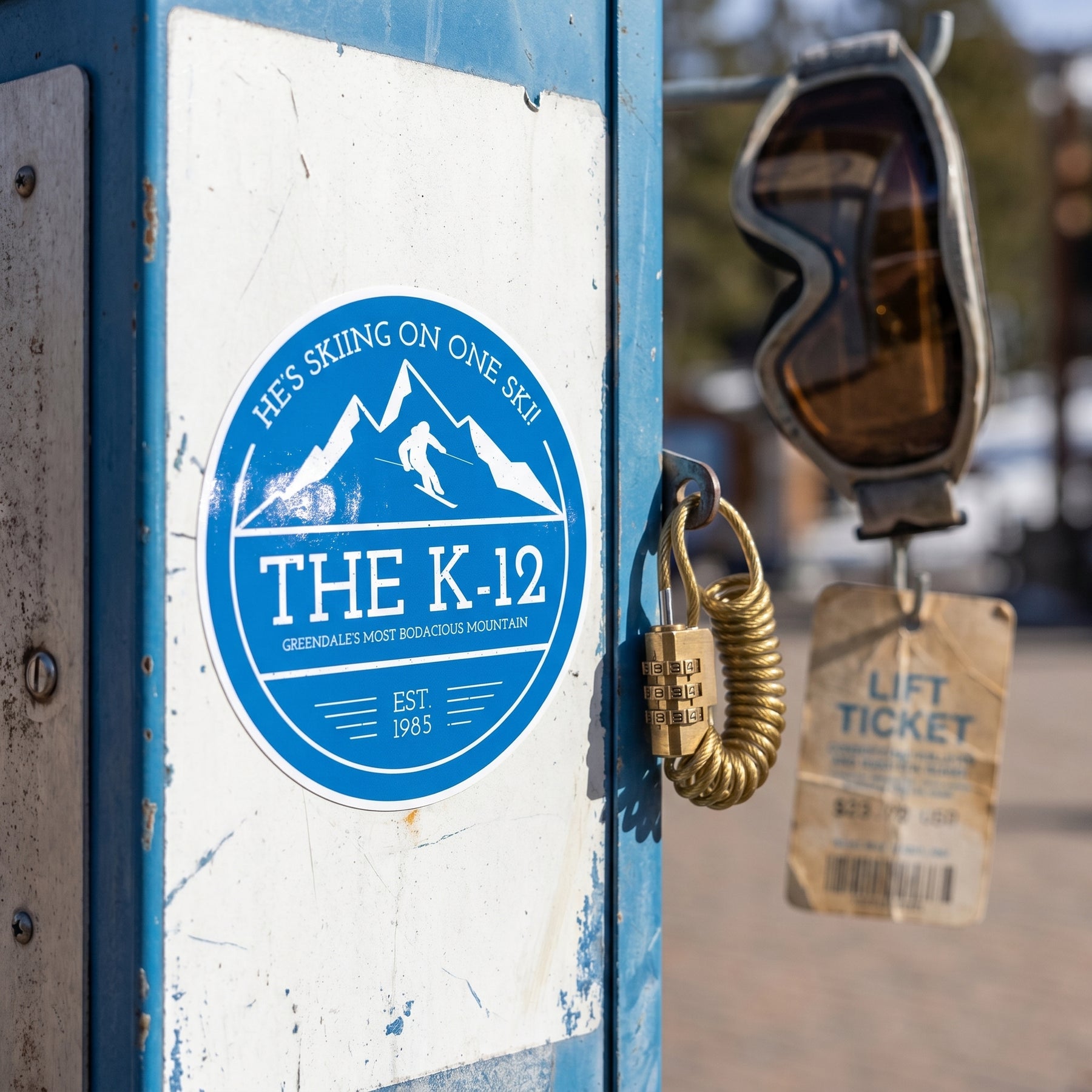 The K-12 He's Skiing on One Ski - Sticker