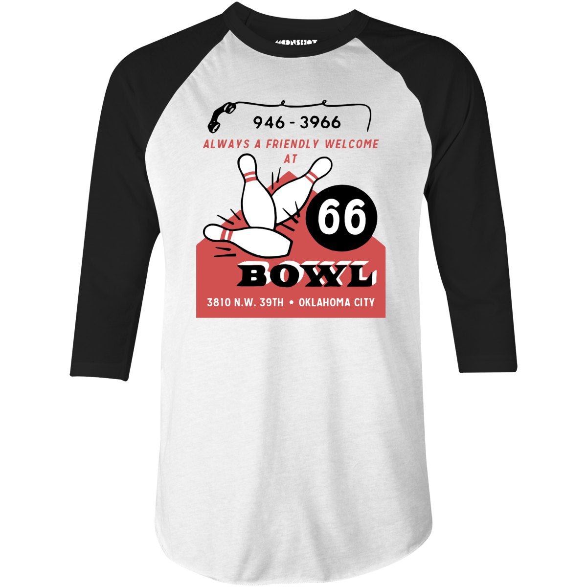 66 Bowl - Oklahoma City, OK - Vintage Bowling Alley - 3/4 Sleeve Raglan T-Shirt