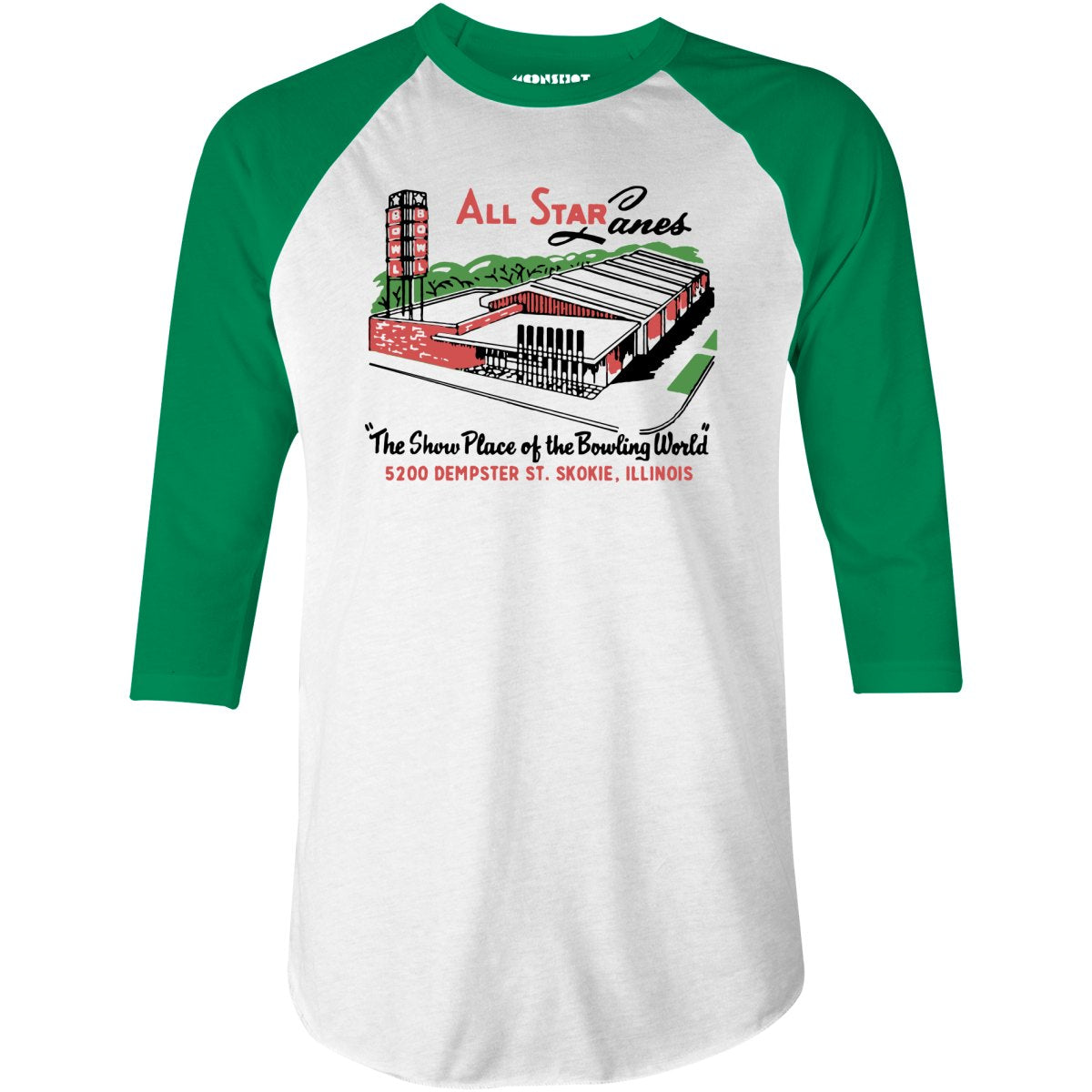 All Star Lanes - St. Skokie, IL - Vintage Bowling Alley - 3/4 Sleeve Raglan T-Shirt